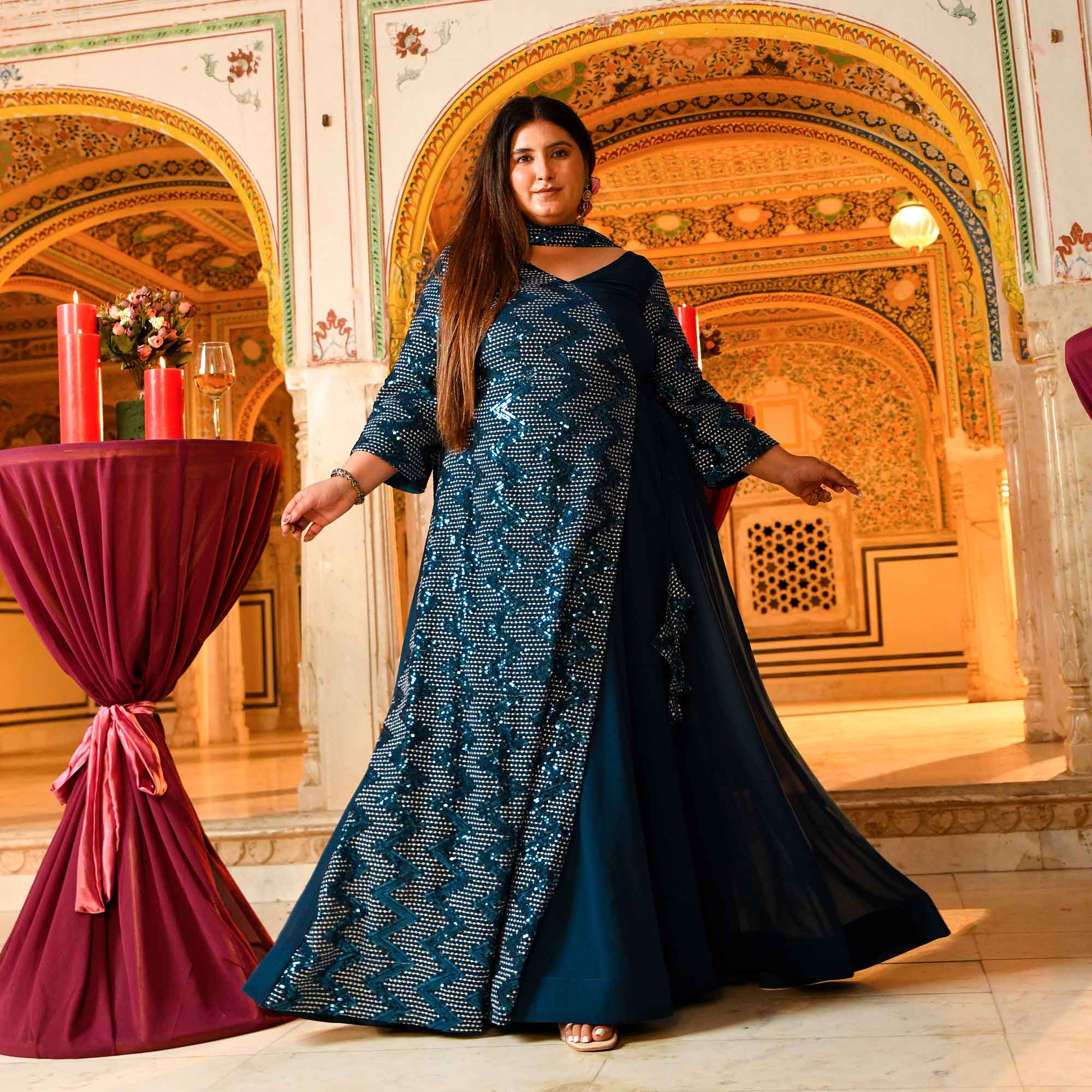 Tiffany- Deep Teal Sequin Embroidered Drape Anarkali Dress