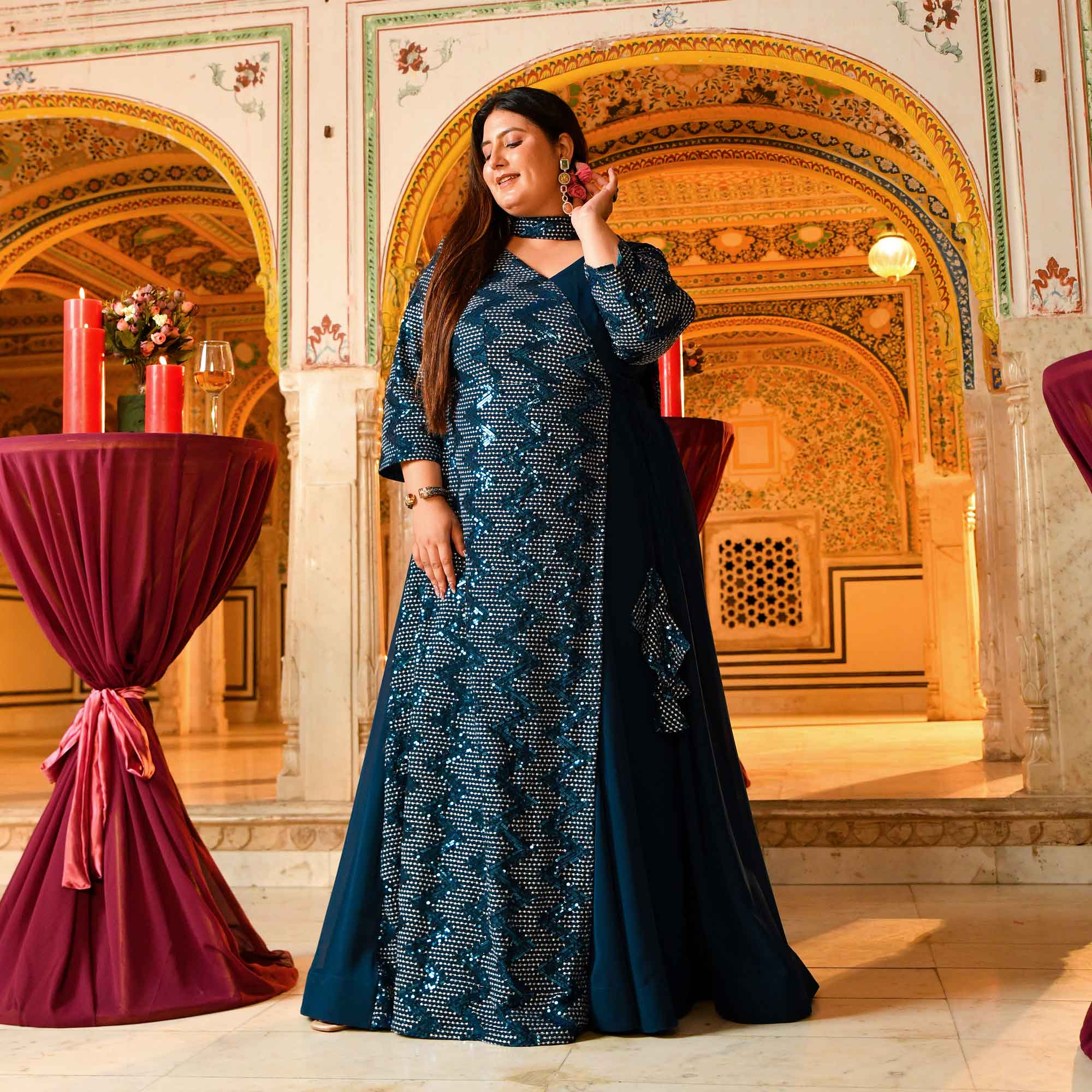 Tiffany- Deep Teal Sequin Embroidered Drape Anarkali Dress