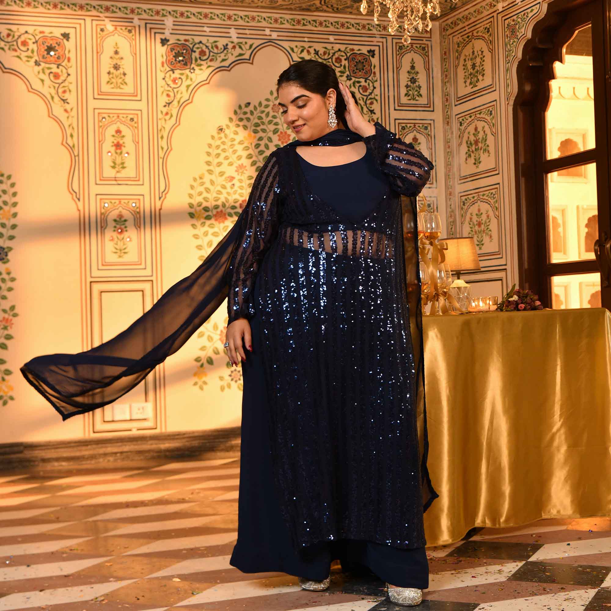 Toronto- Navy Blue Sequin Embellished Stretchable Cape Set