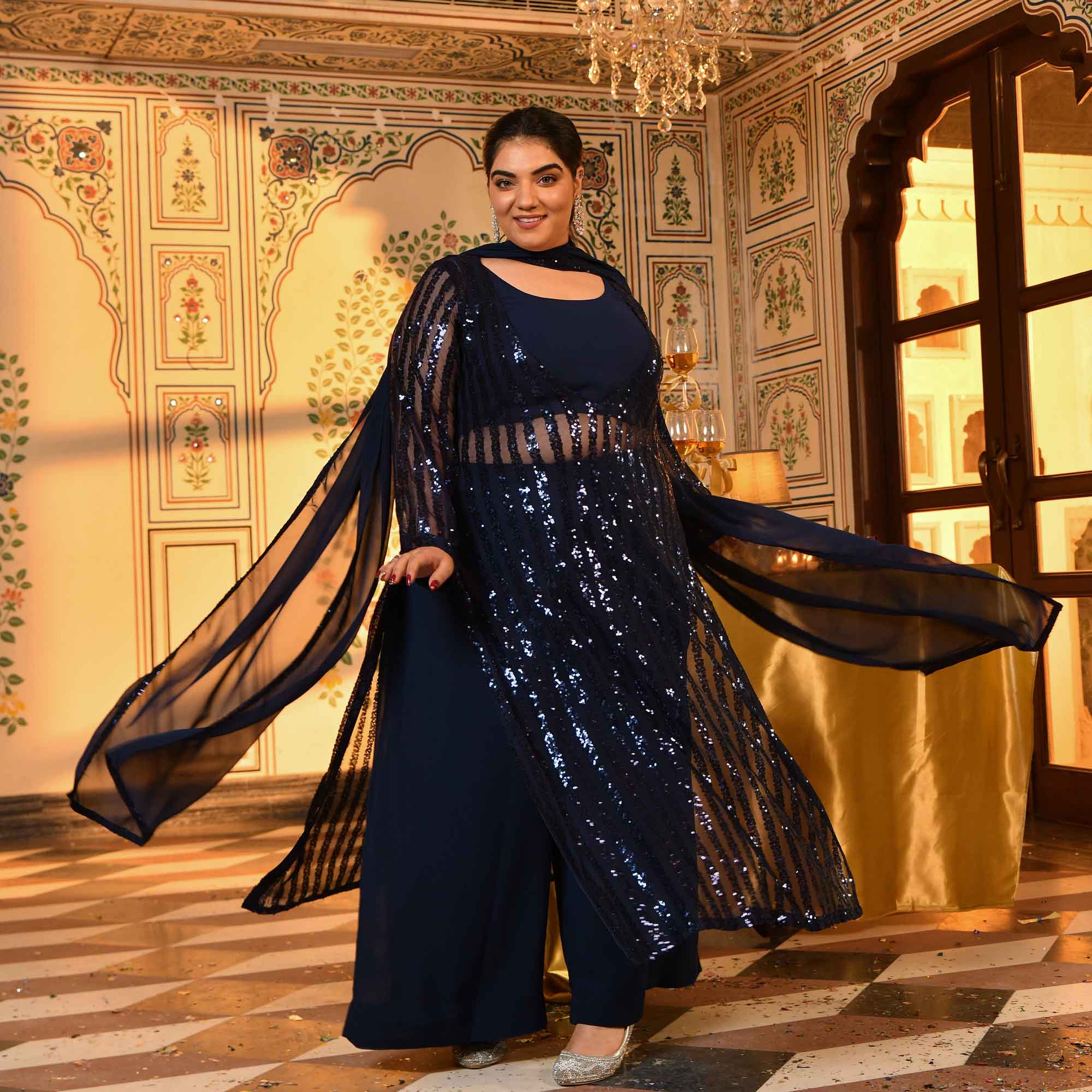 Toronto- Navy Blue Sequin Embellished Stretchable Cape Set