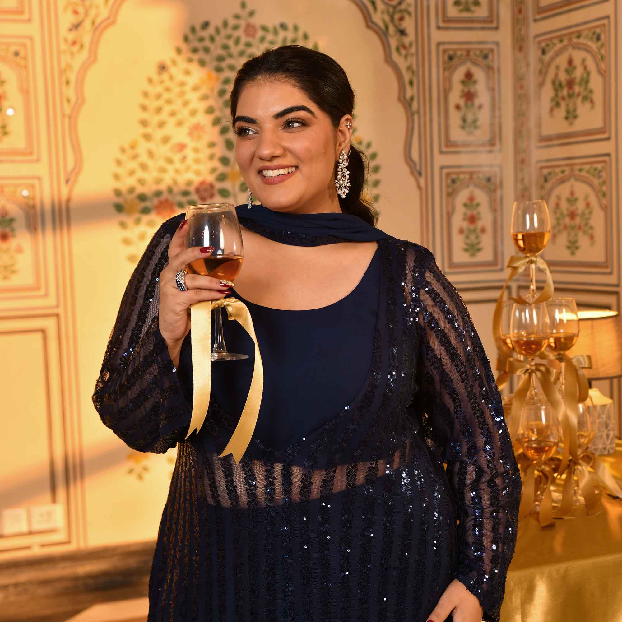 Toronto- Navy Blue Sequin Embellished Stretchable Cape Set