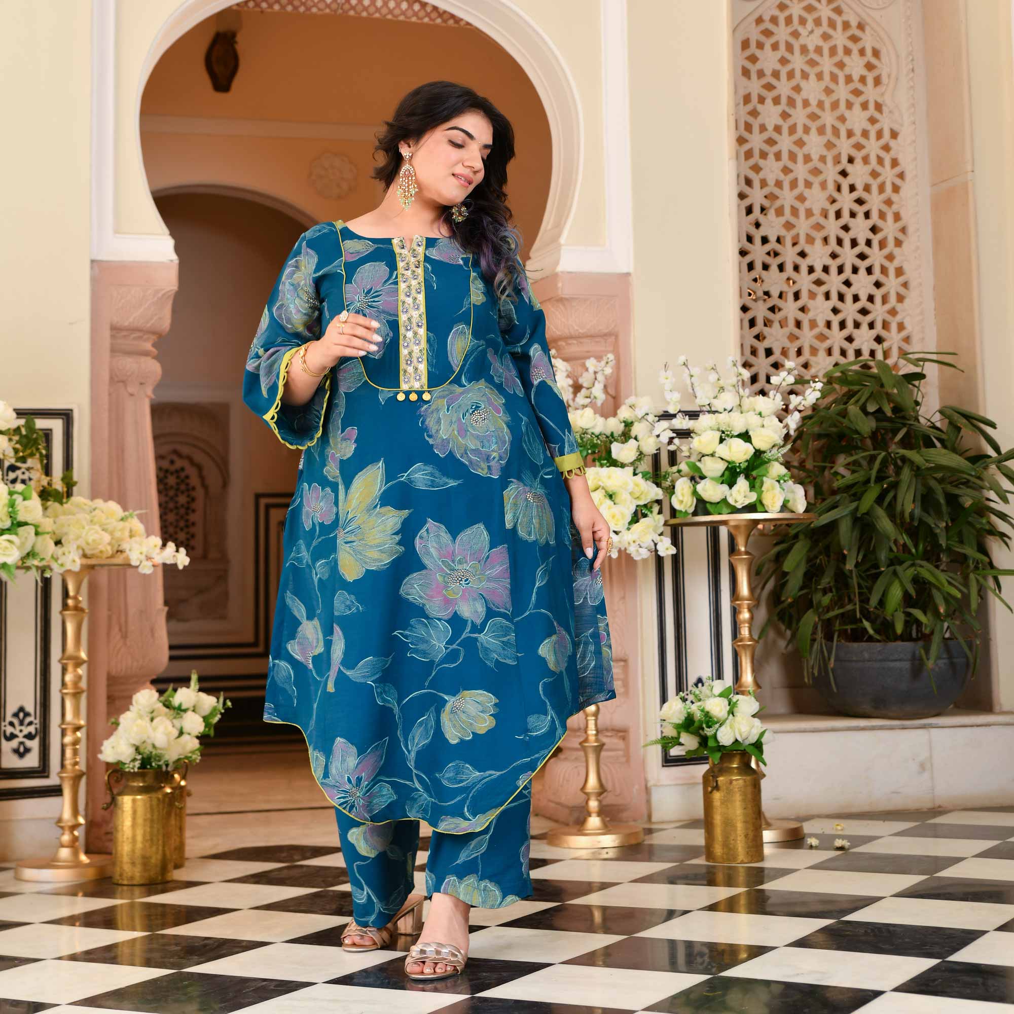 Charming Teal Floral Modal Viscose Aline Kurta Pant Set | The Plus Size Store