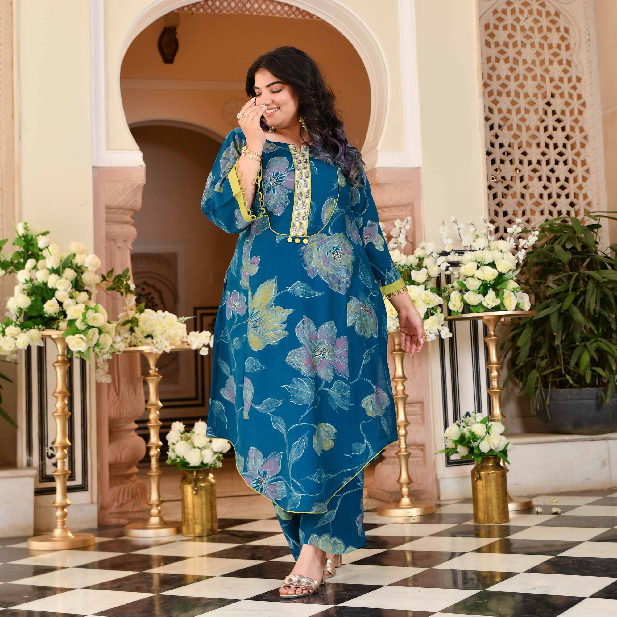 Charming Teal Floral Modal Viscose Aline Kurta Pant Set | The Plus Size Store