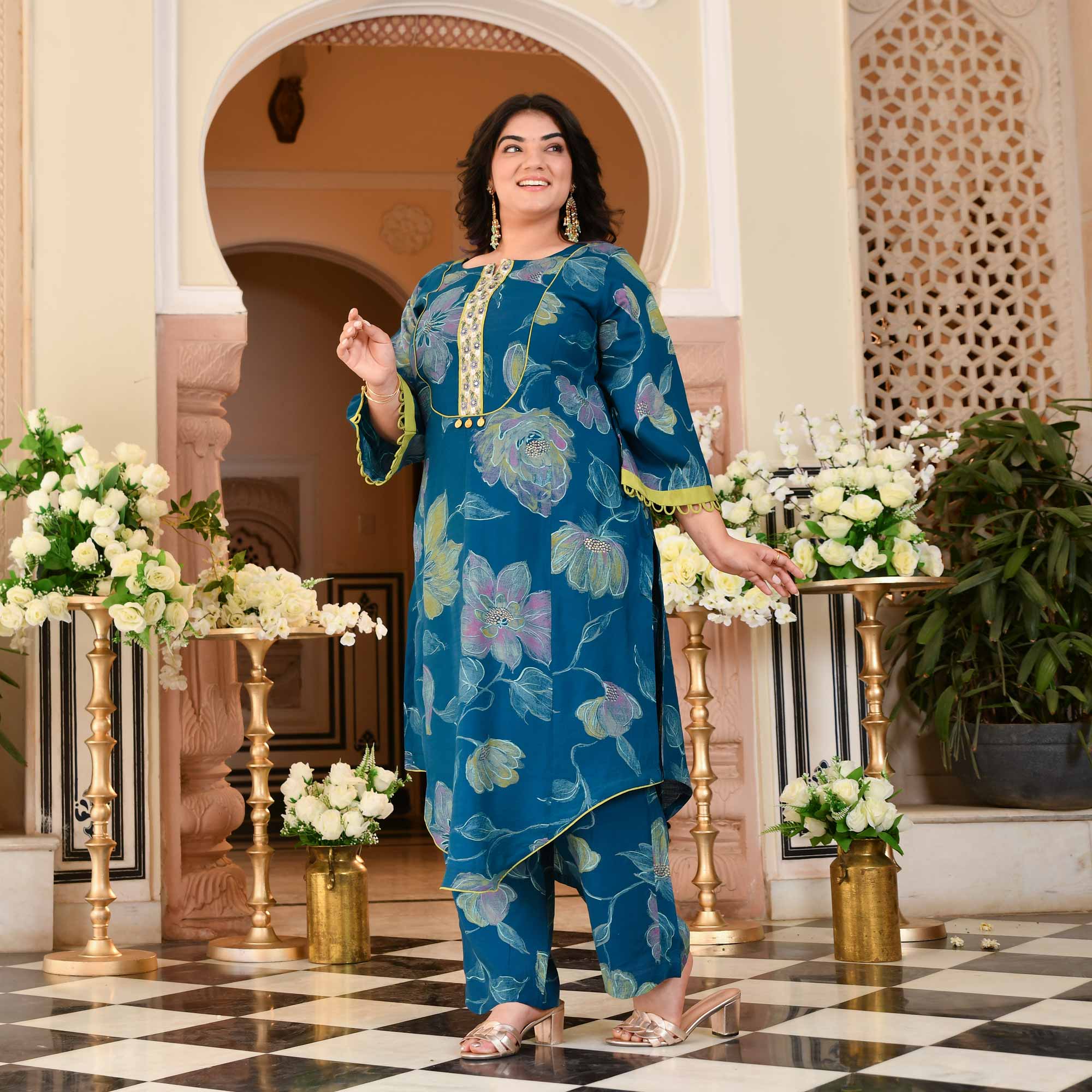 Charming Teal Floral Modal Viscose Aline Kurta Pant Set | The Plus Size Store