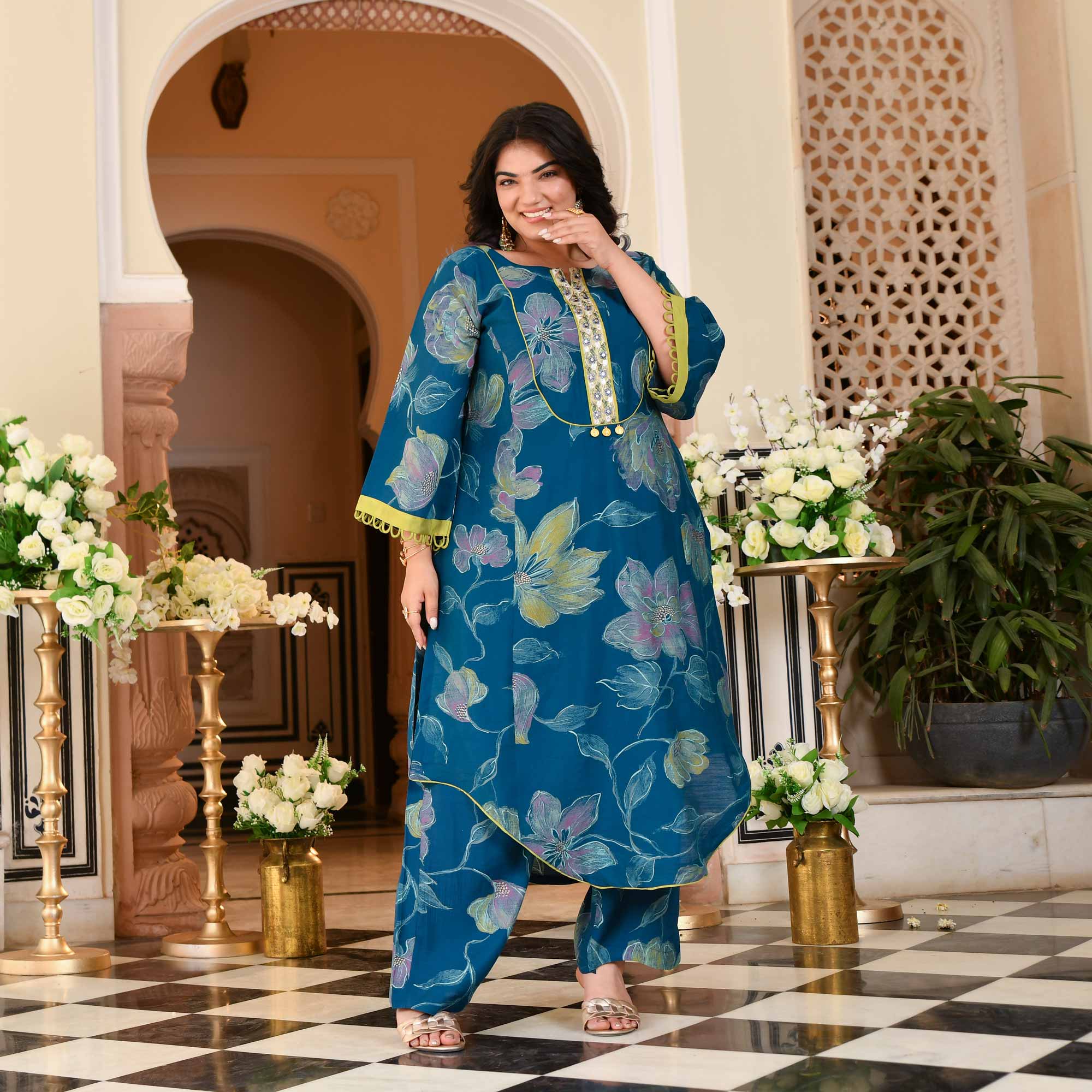 Charming Teal Floral Modal Viscose Aline Kurta Pant Set | The Plus Size Store