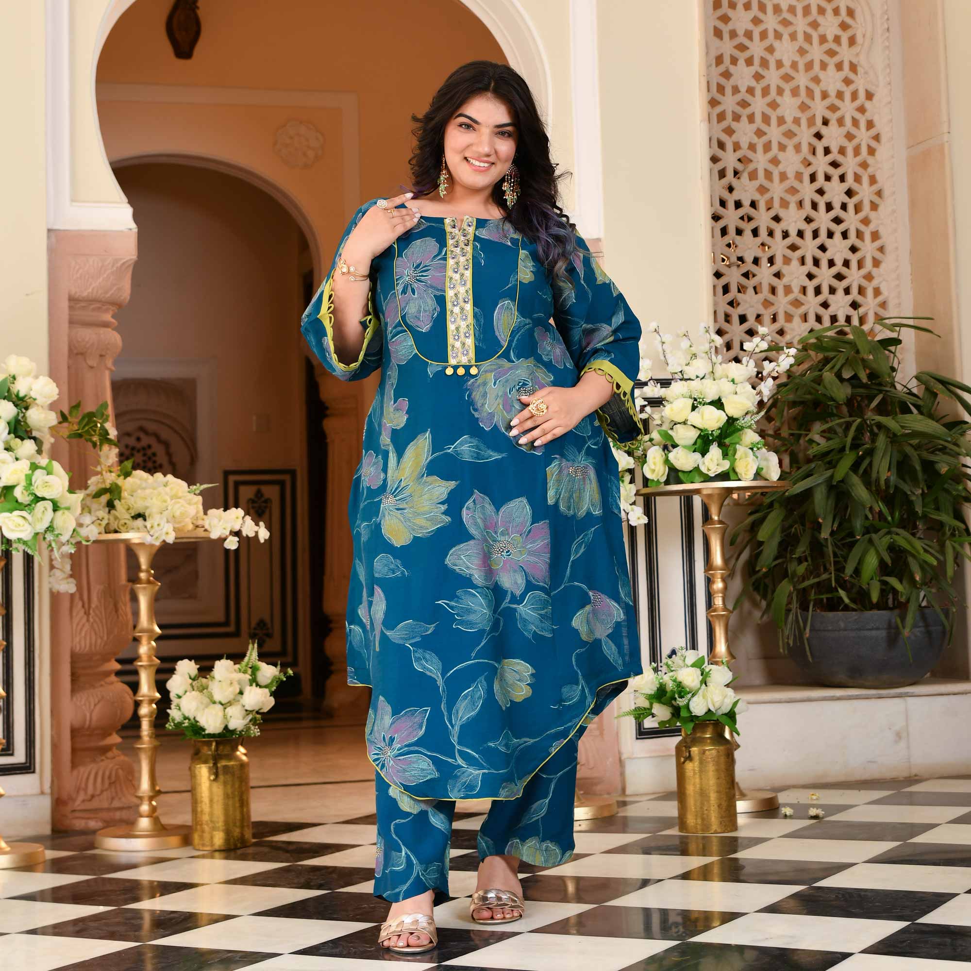 Charming Teal Floral Modal Viscose Aline Kurta Pant Set | The Plus Size Store