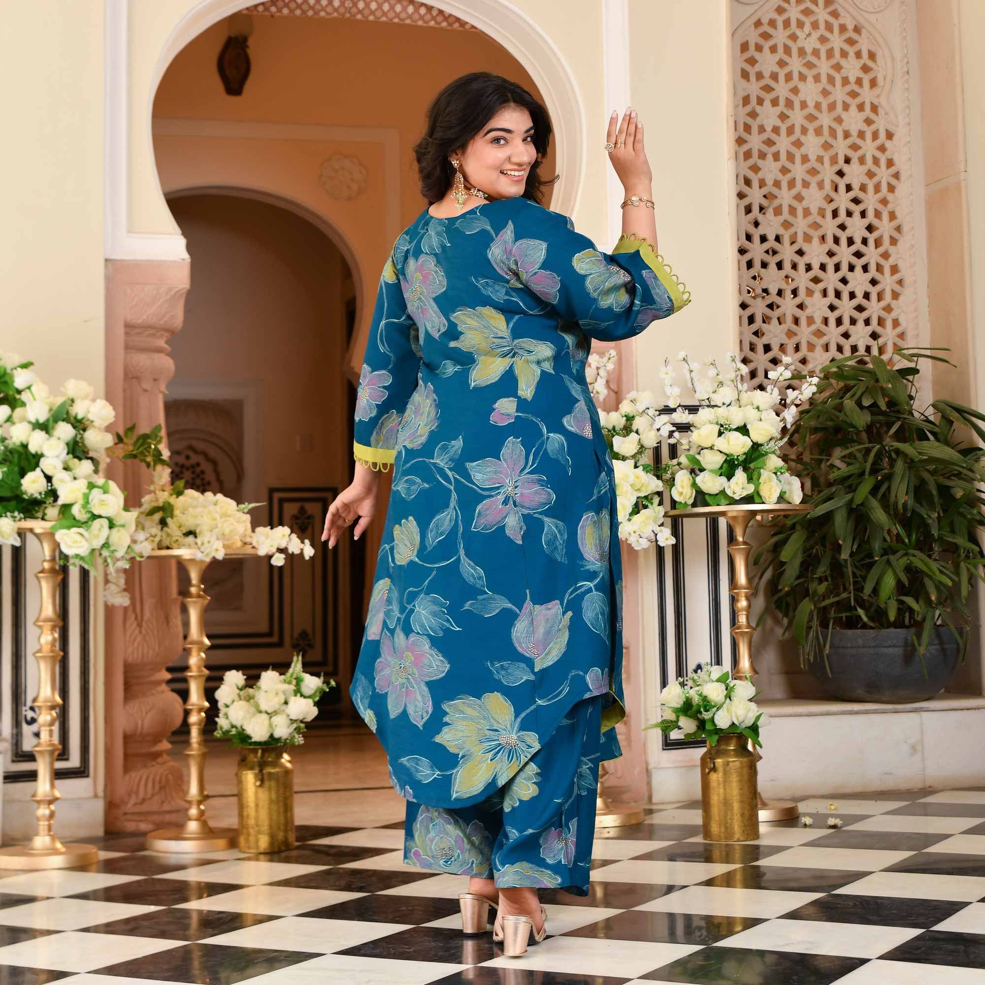 Charming Teal Floral Modal Viscose Aline Kurta Pant Set | The Plus Size Store