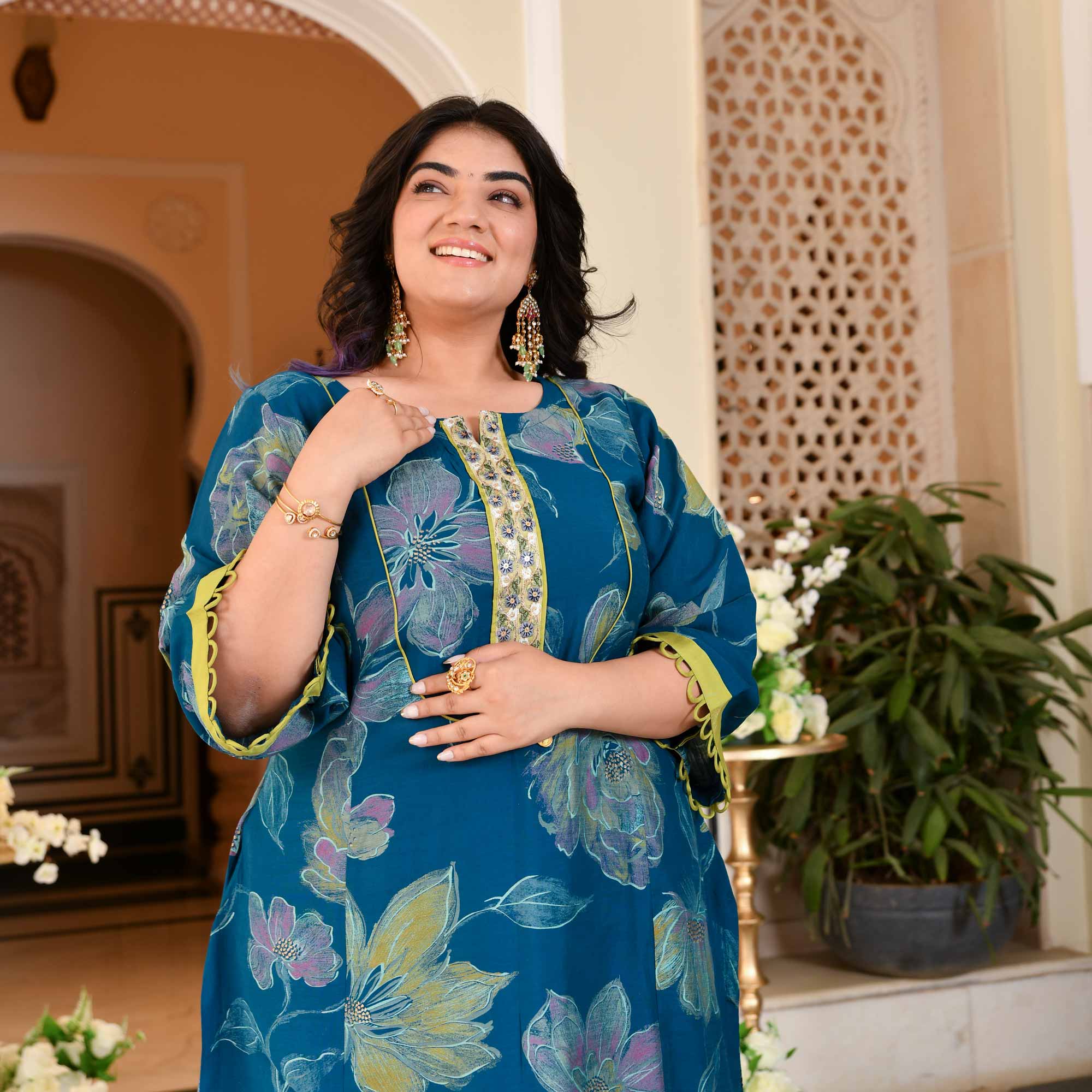 Charming Teal Floral Modal Viscose Aline Kurta Pant Set | The Plus Size Store