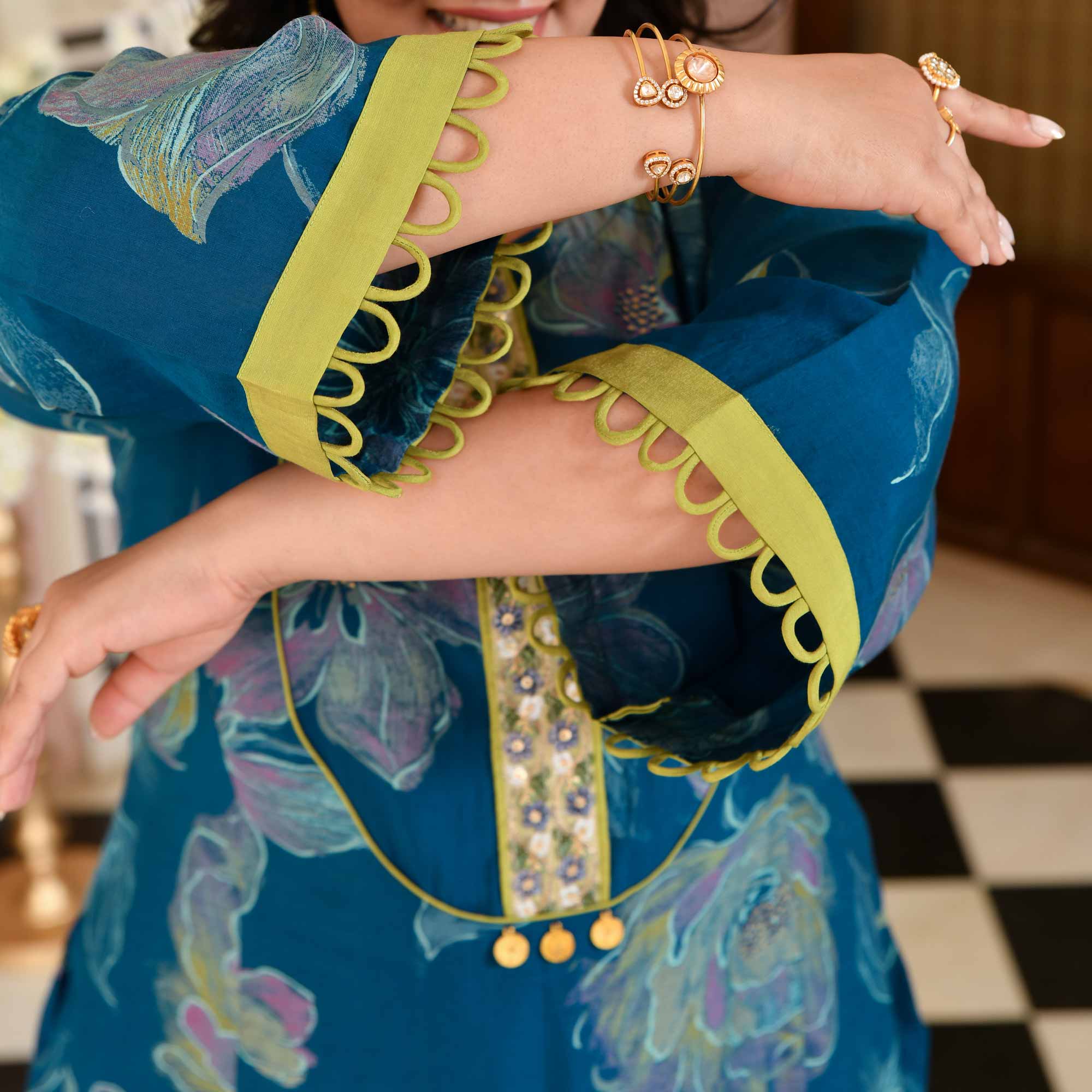 Charming Teal Floral Modal Viscose Aline Kurta Pant Set | The Plus Size Store