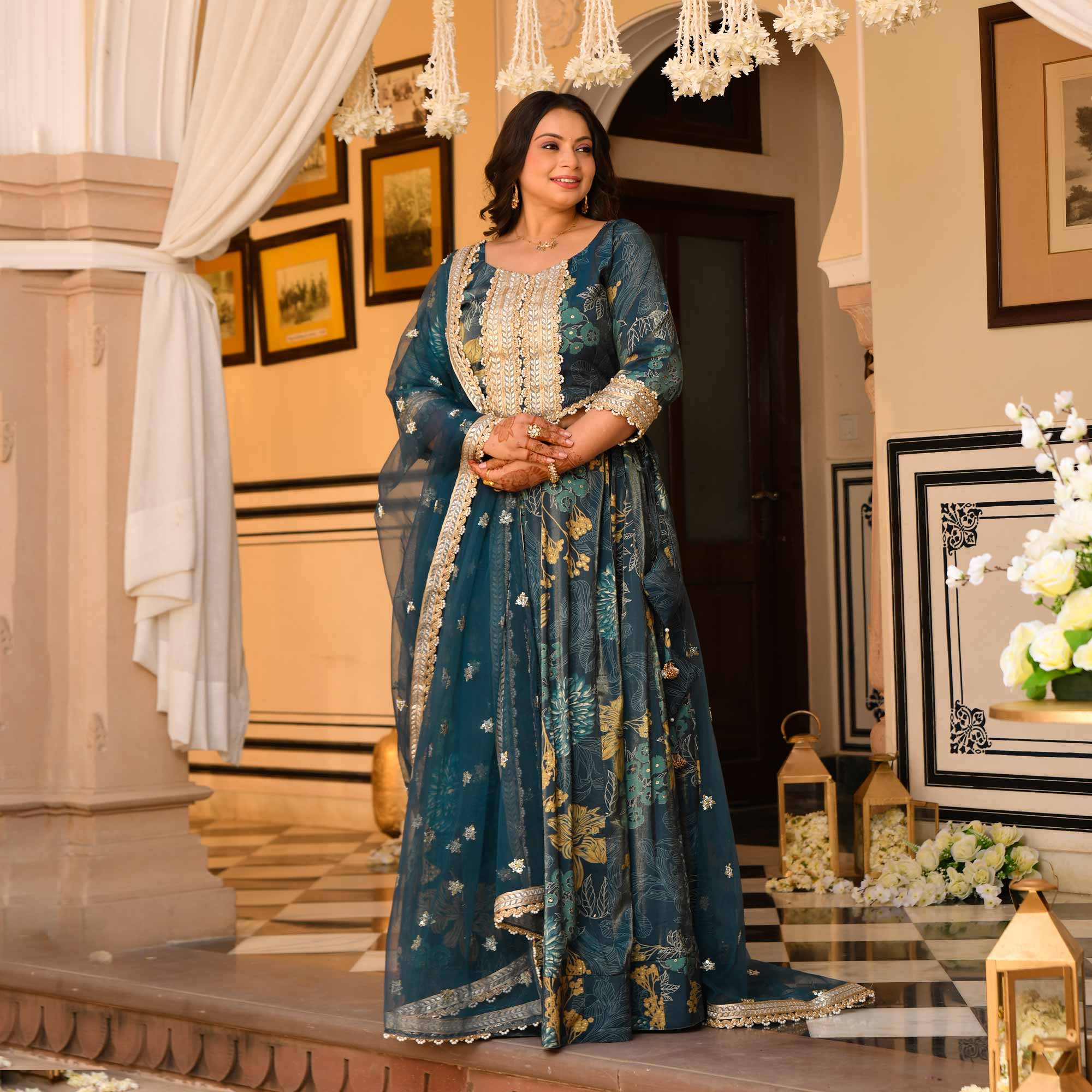 Lavish Lagoon Floral Tissue Silk Embroidered Lehenga Set | The Plus Size Store