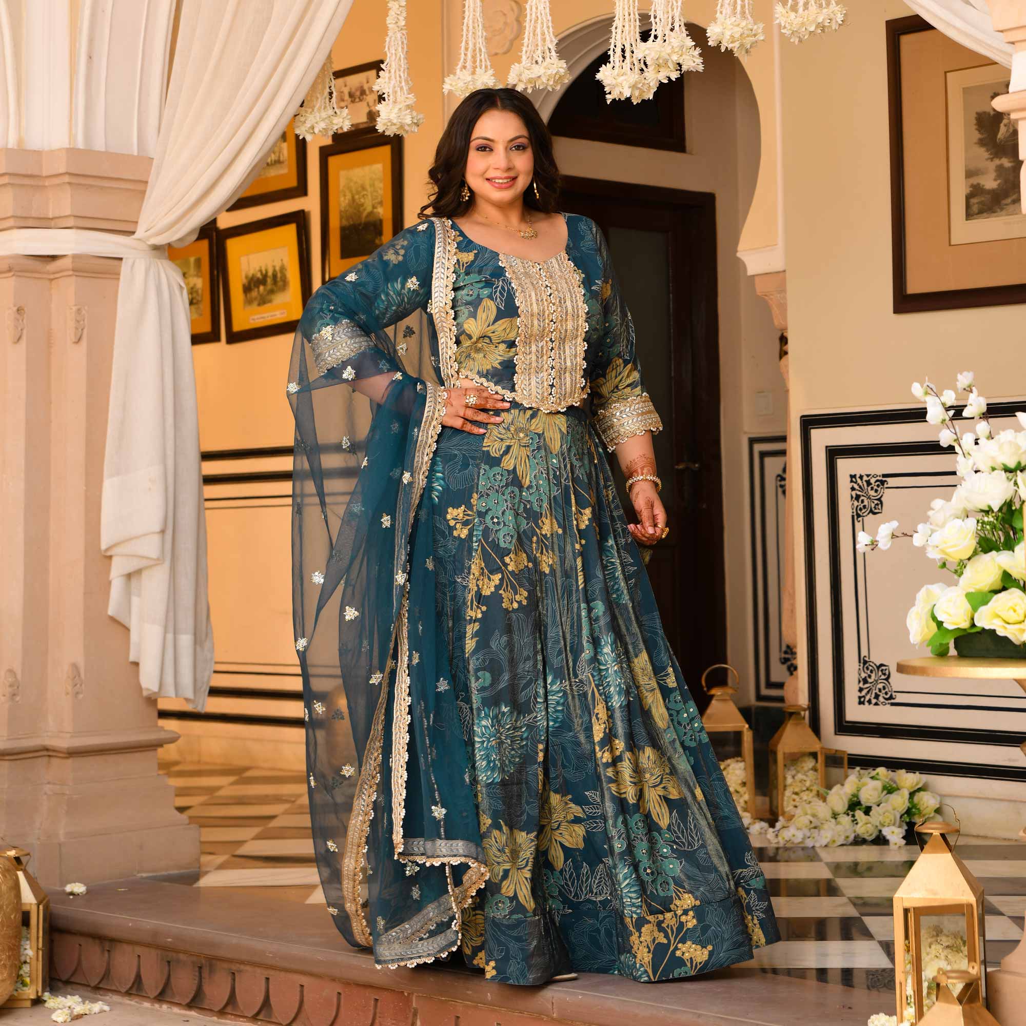 Lavish Lagoon Floral Tissue Silk Embroidered Lehenga Set | The Plus Size Store