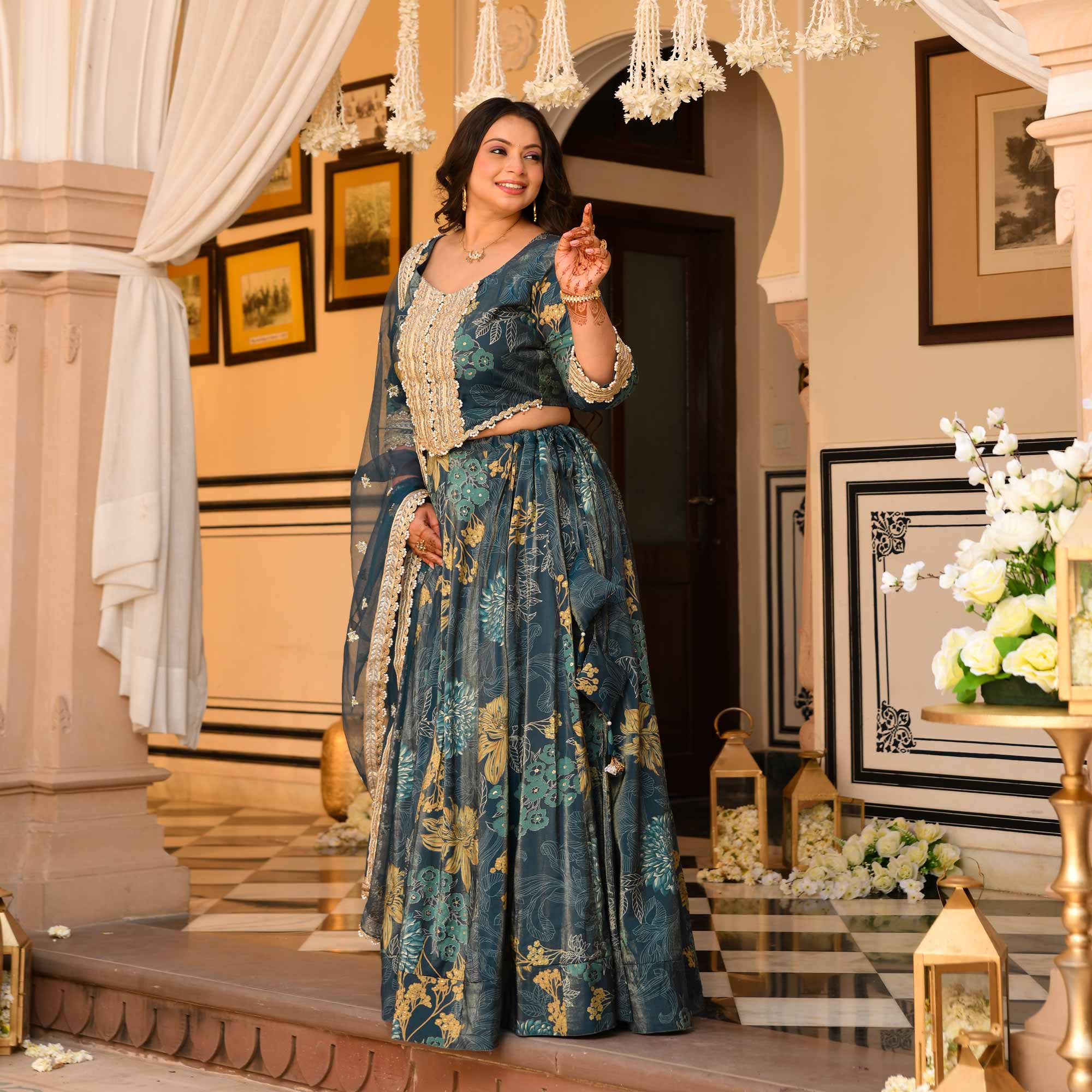 Lavish Lagoon Floral Tissue Silk Embroidered Lehenga Set | The Plus Size Store
