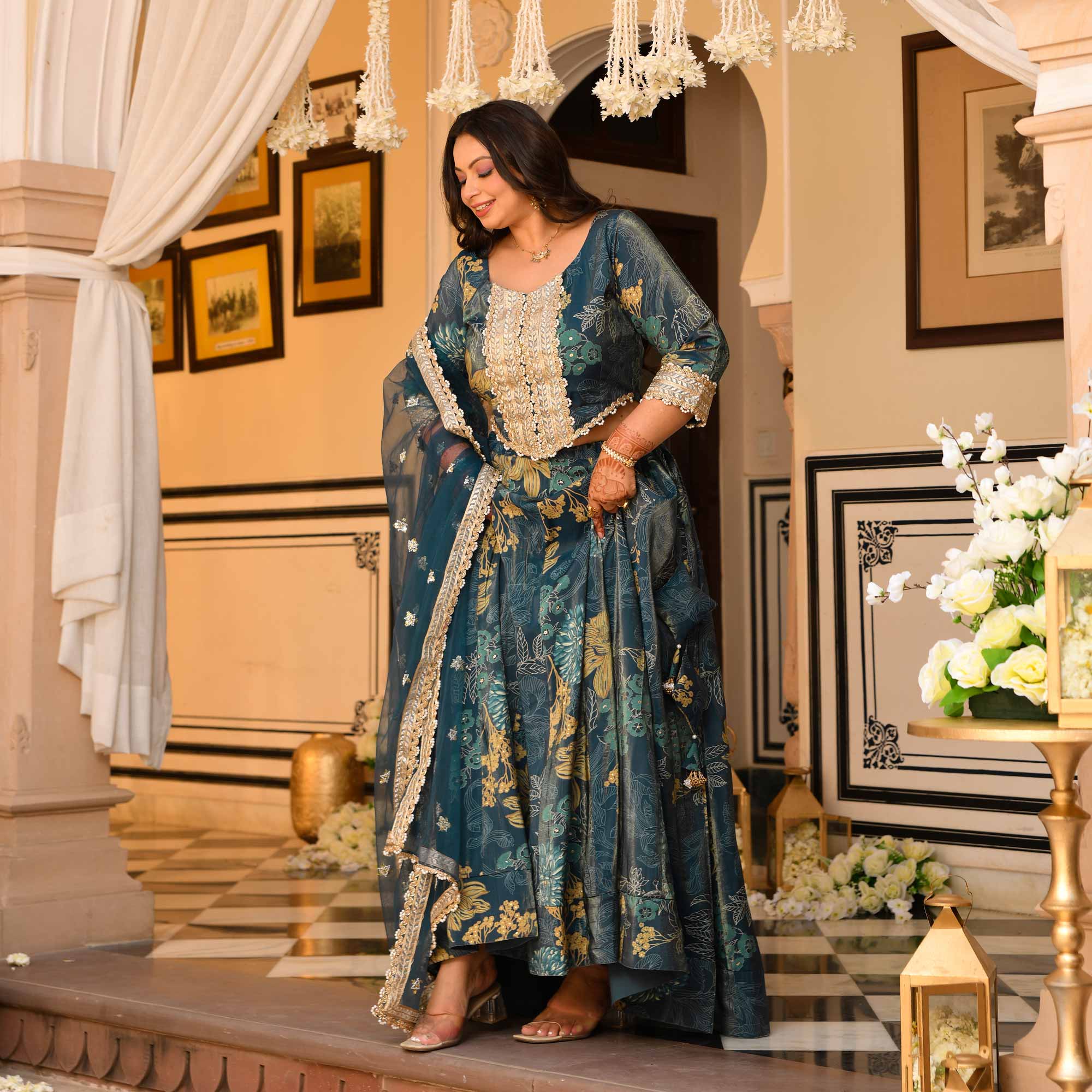 Lavish Lagoon Floral Tissue Silk Embroidered Lehenga Set | The Plus Size Store