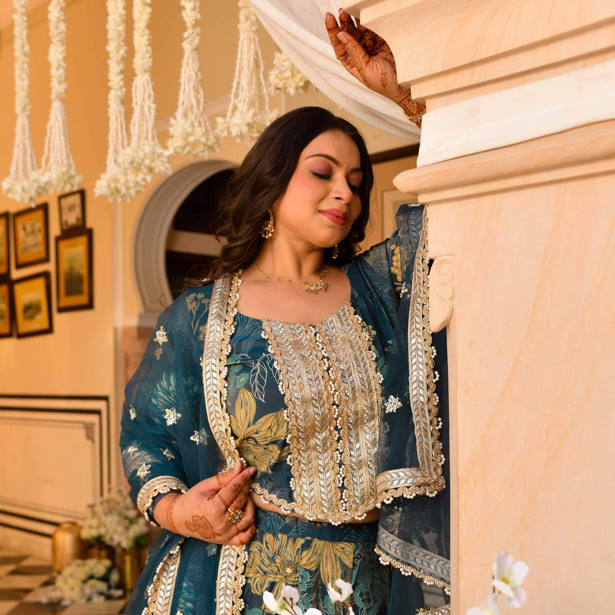 Lavish Lagoon Floral Tissue Silk Embroidered Lehenga Set | The Plus Size Store