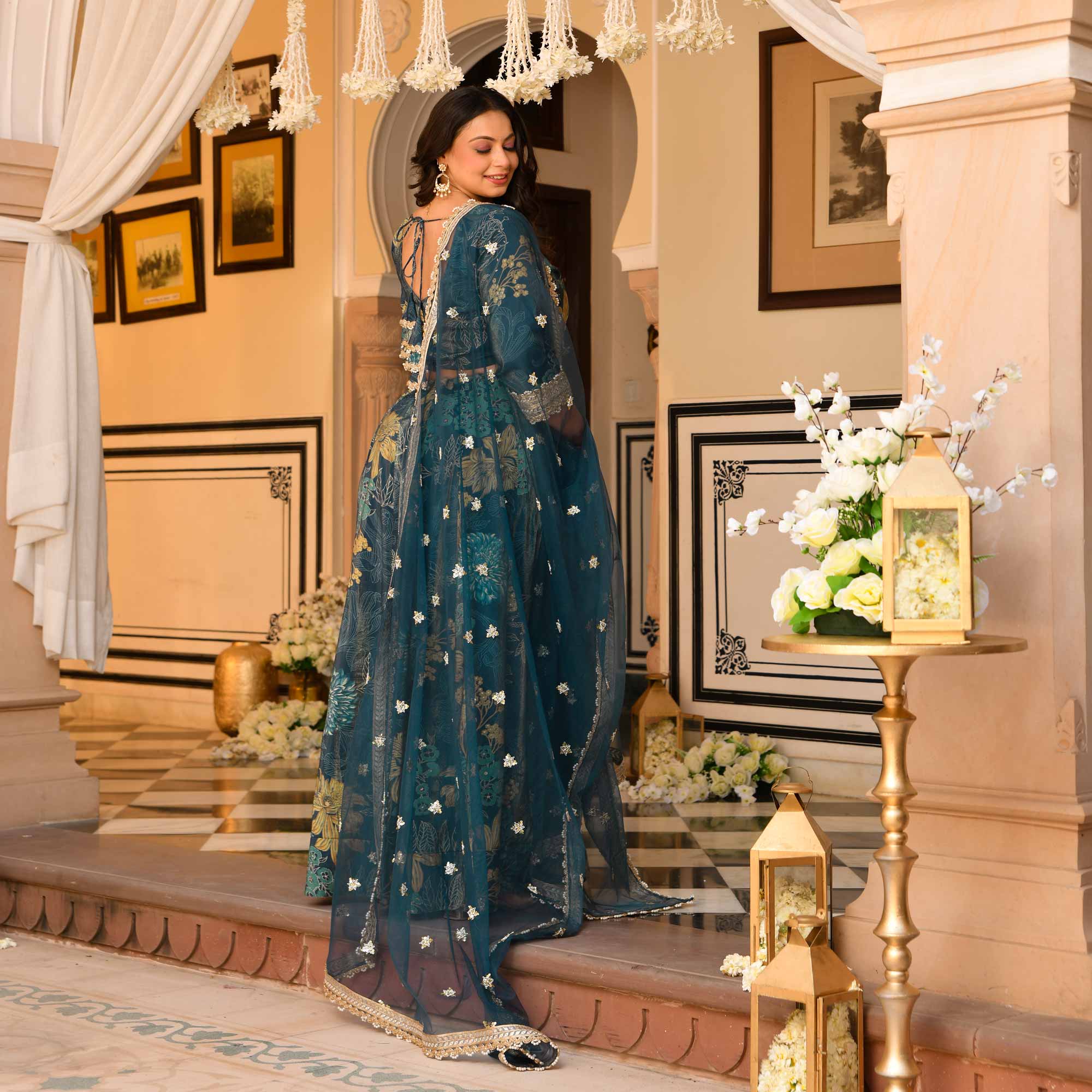 Lavish Lagoon Floral Tissue Silk Embroidered Lehenga Set | The Plus Size Store