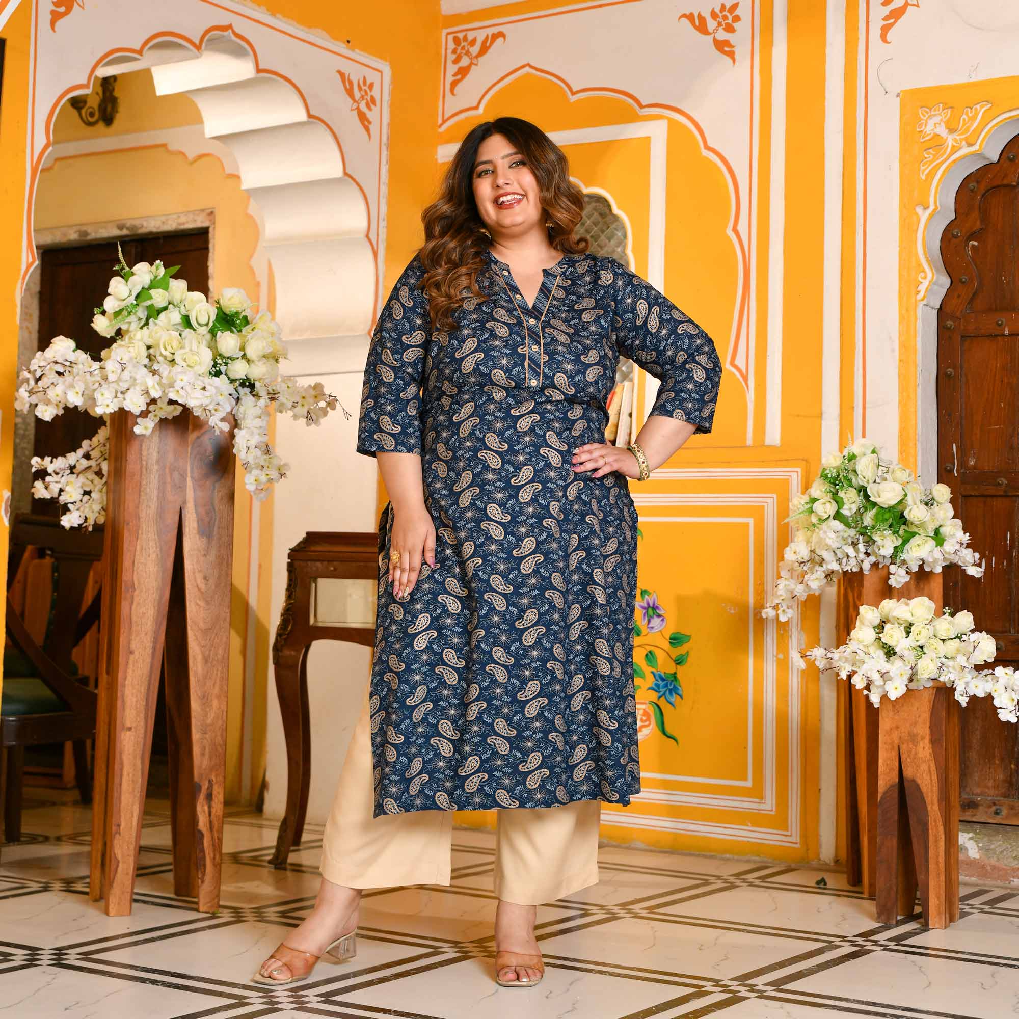 Kalash- Dark Blue Paisley Gold Block Kurta