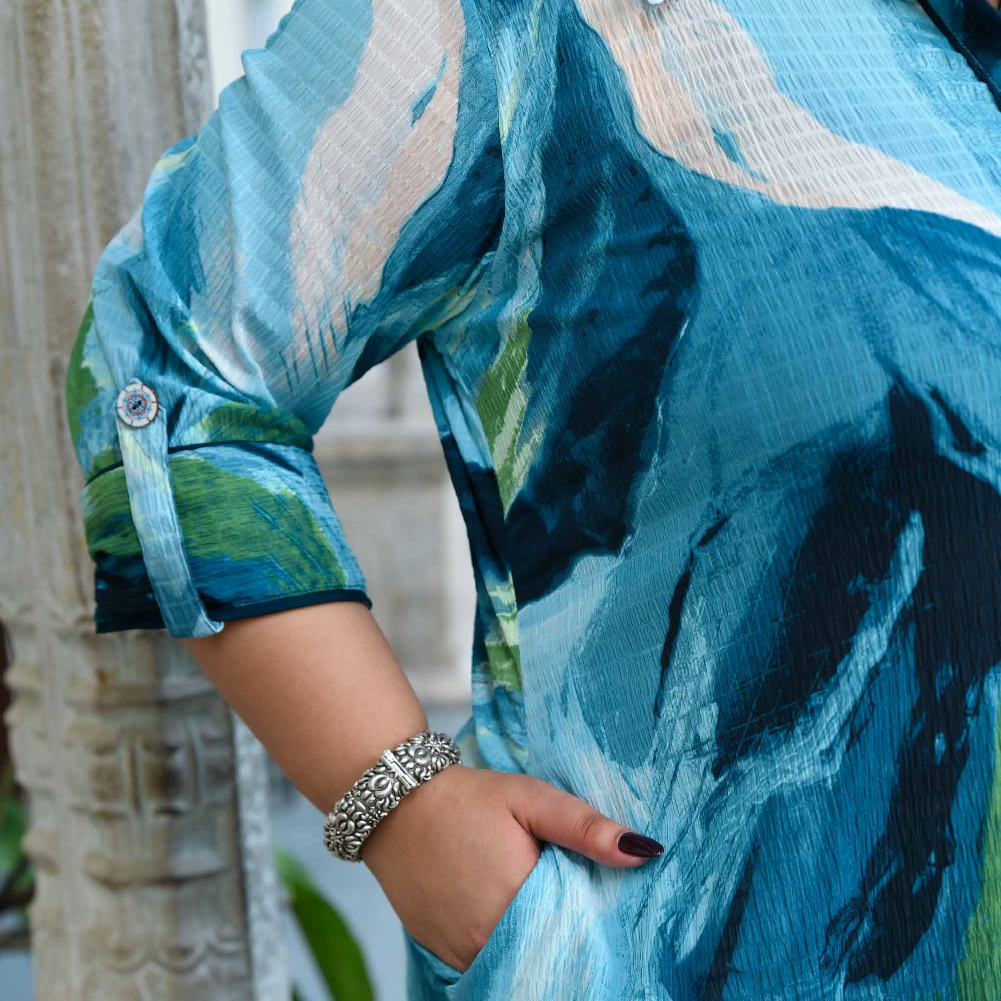 Under The Ocean- Sea Blue Abstract Print Shirt Kurta