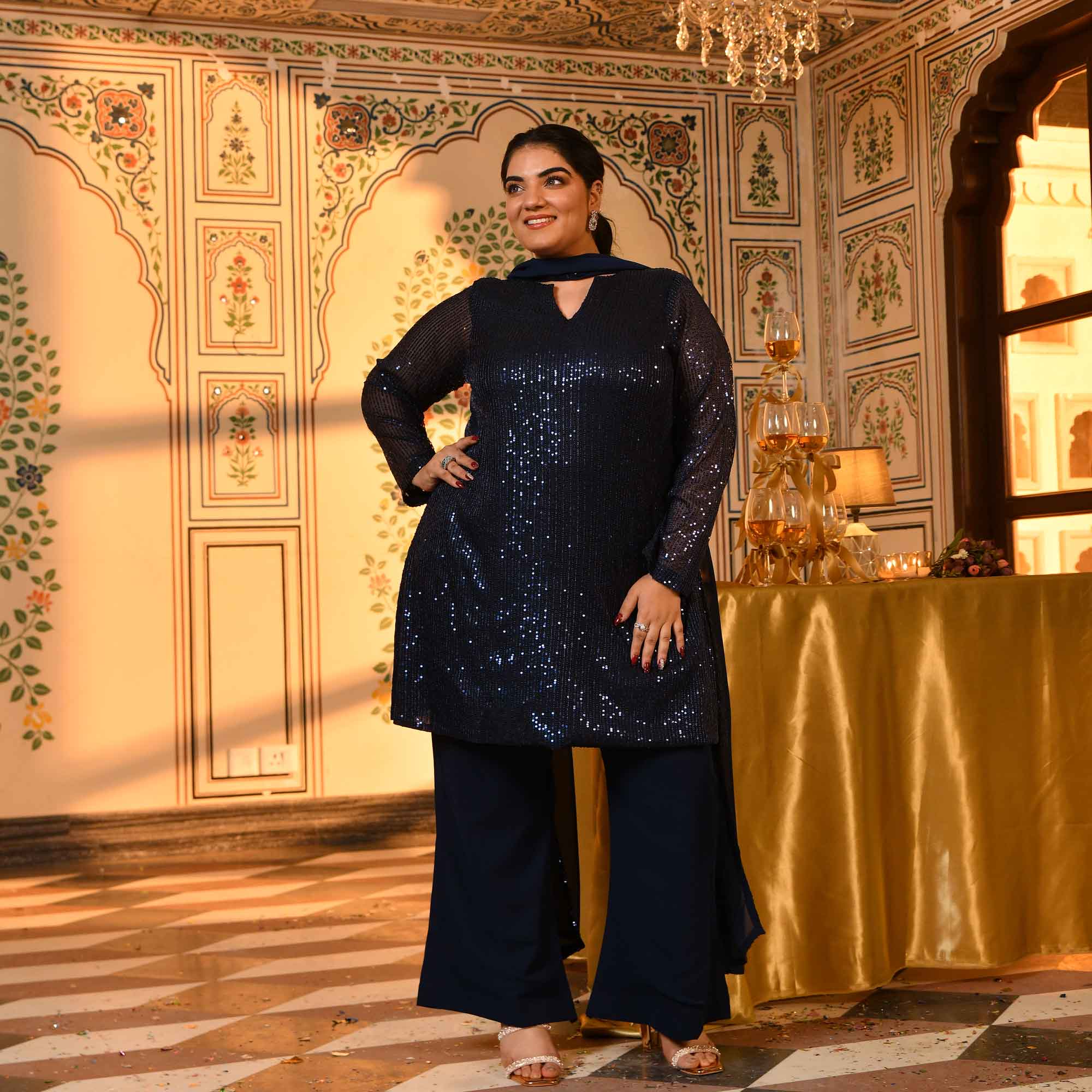 Boston- Navy Blue Sequin Embellished stretchable Co-Ord Set