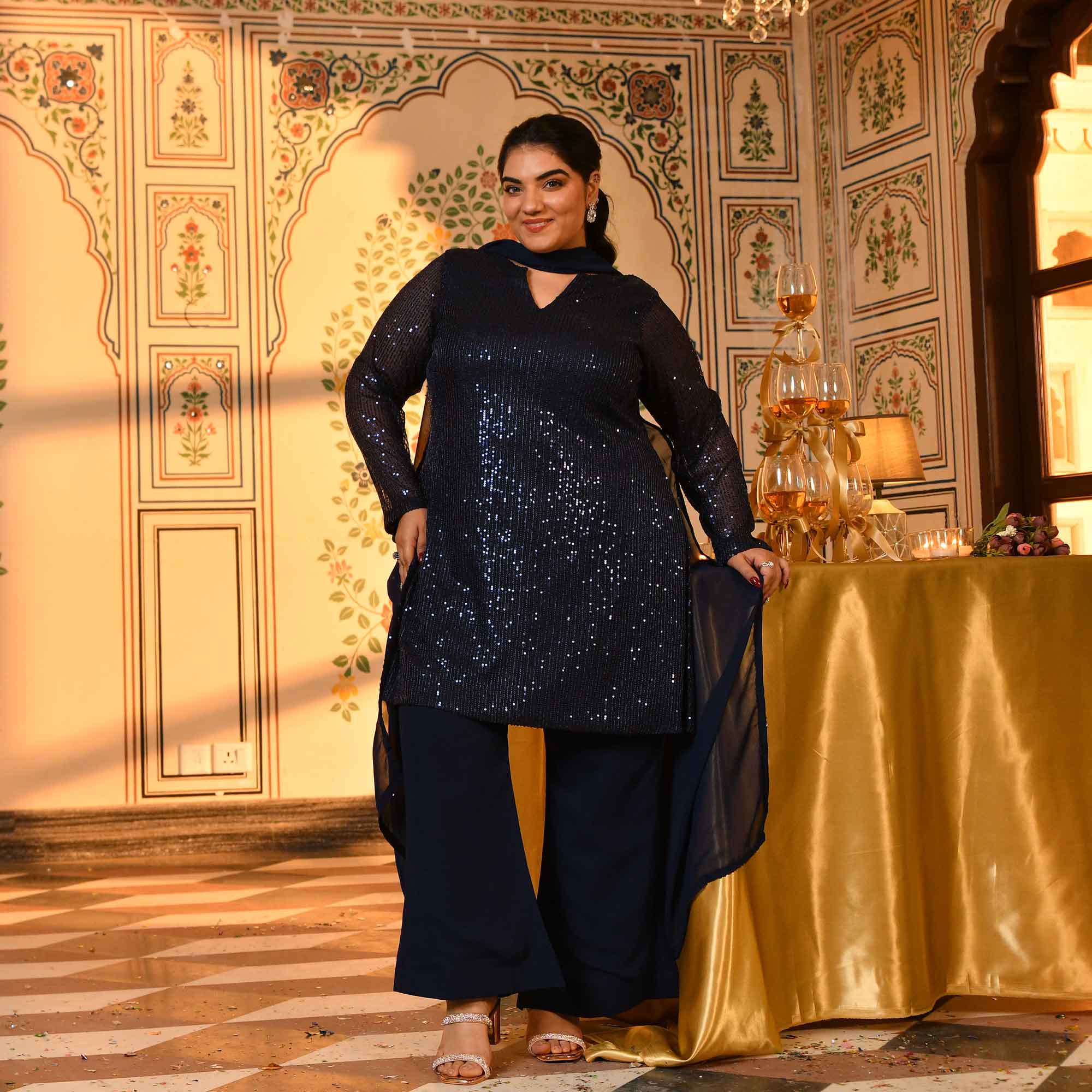 Boston- Navy Blue Sequin Embellished stretchable Co-Ord Set