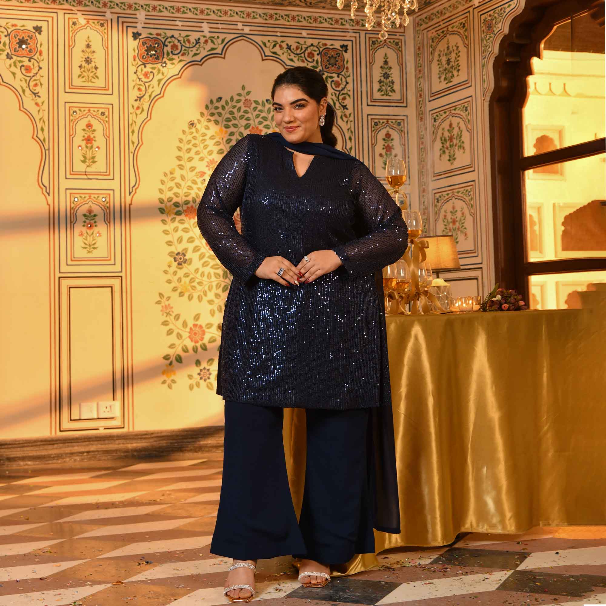 Boston- Navy Blue Sequin Embellished stretchable Co-Ord Set