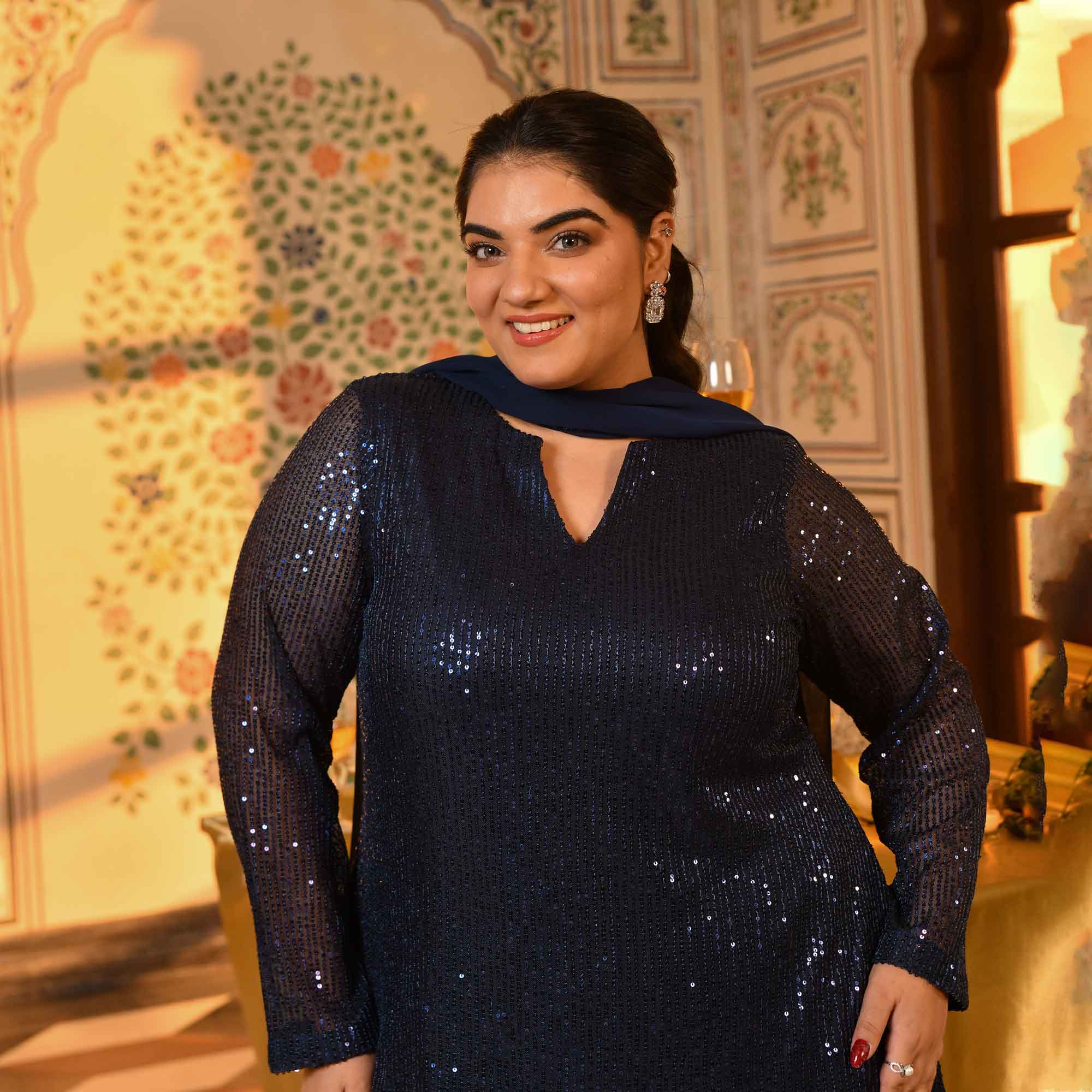 Boston- Navy Blue Sequin Embellished stretchable Co-Ord Set