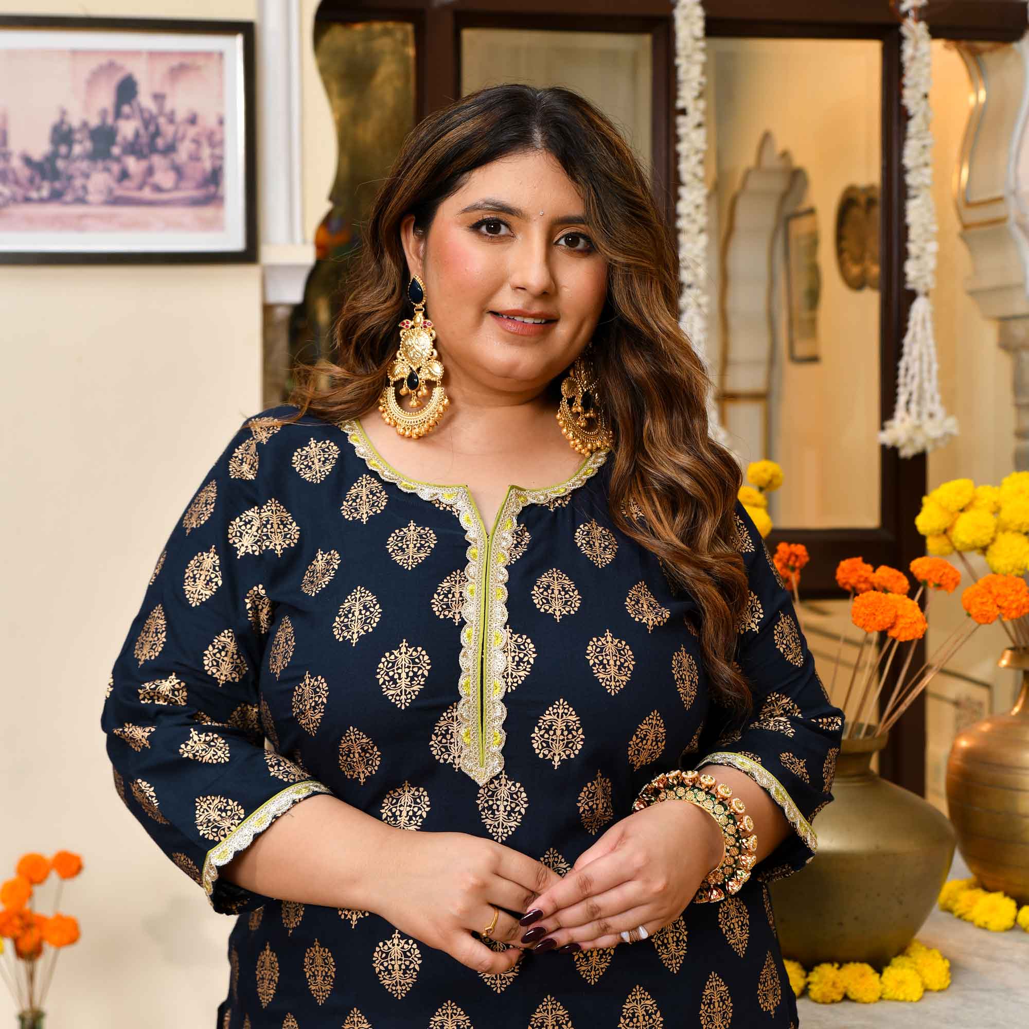 Uphaar- Navy Blue Gold Block Print Rayon Kurta