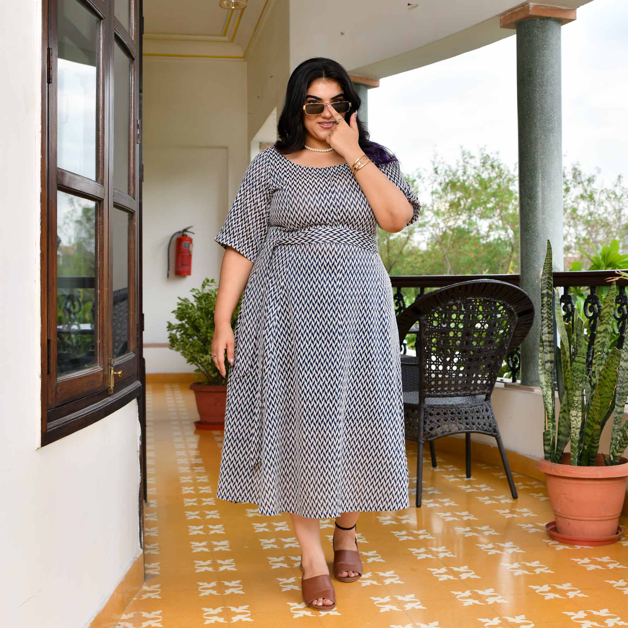 Waffle- Grey/Blue Knitted Cotton Aline Dress