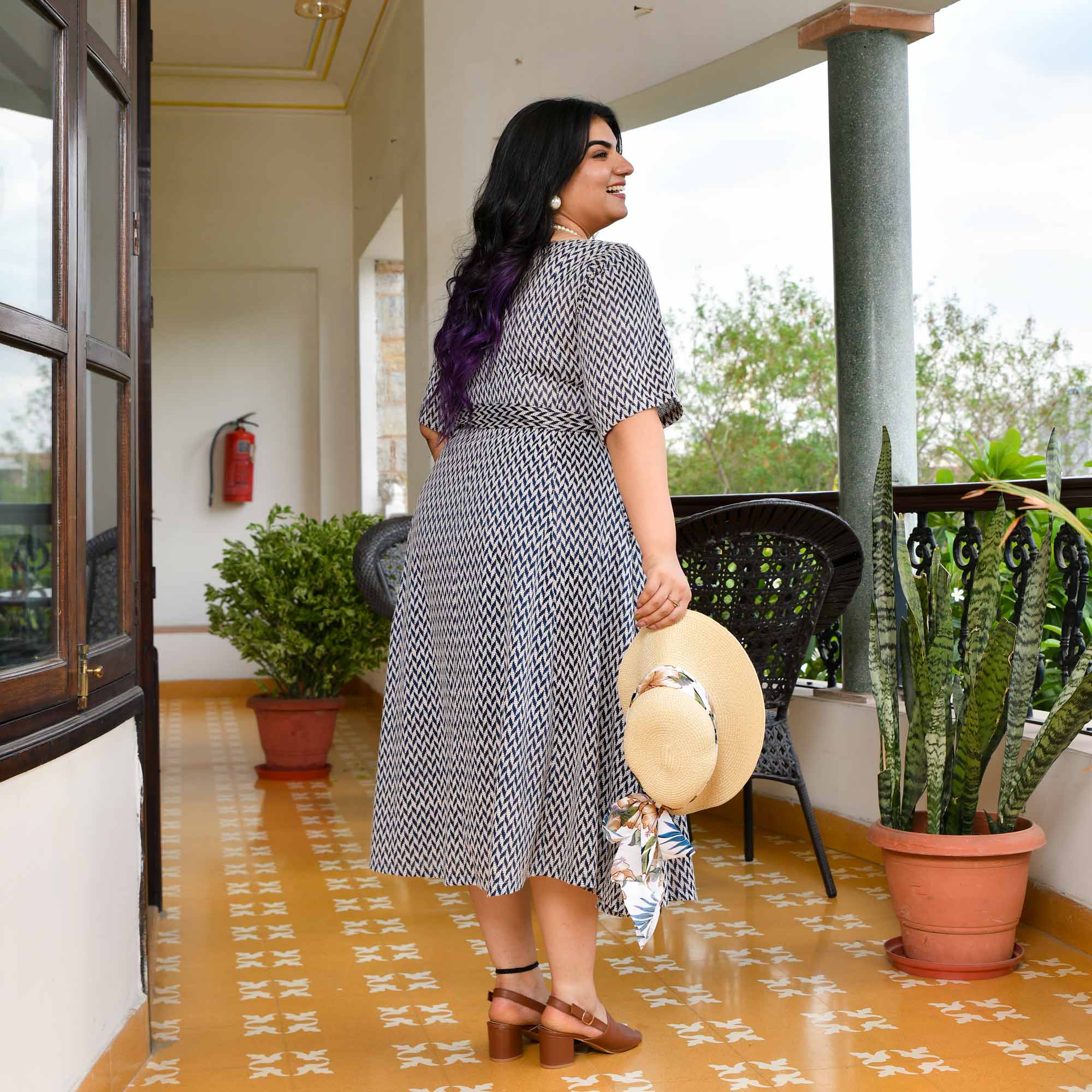 Waffle- Grey/Blue Knitted Cotton Aline Dress