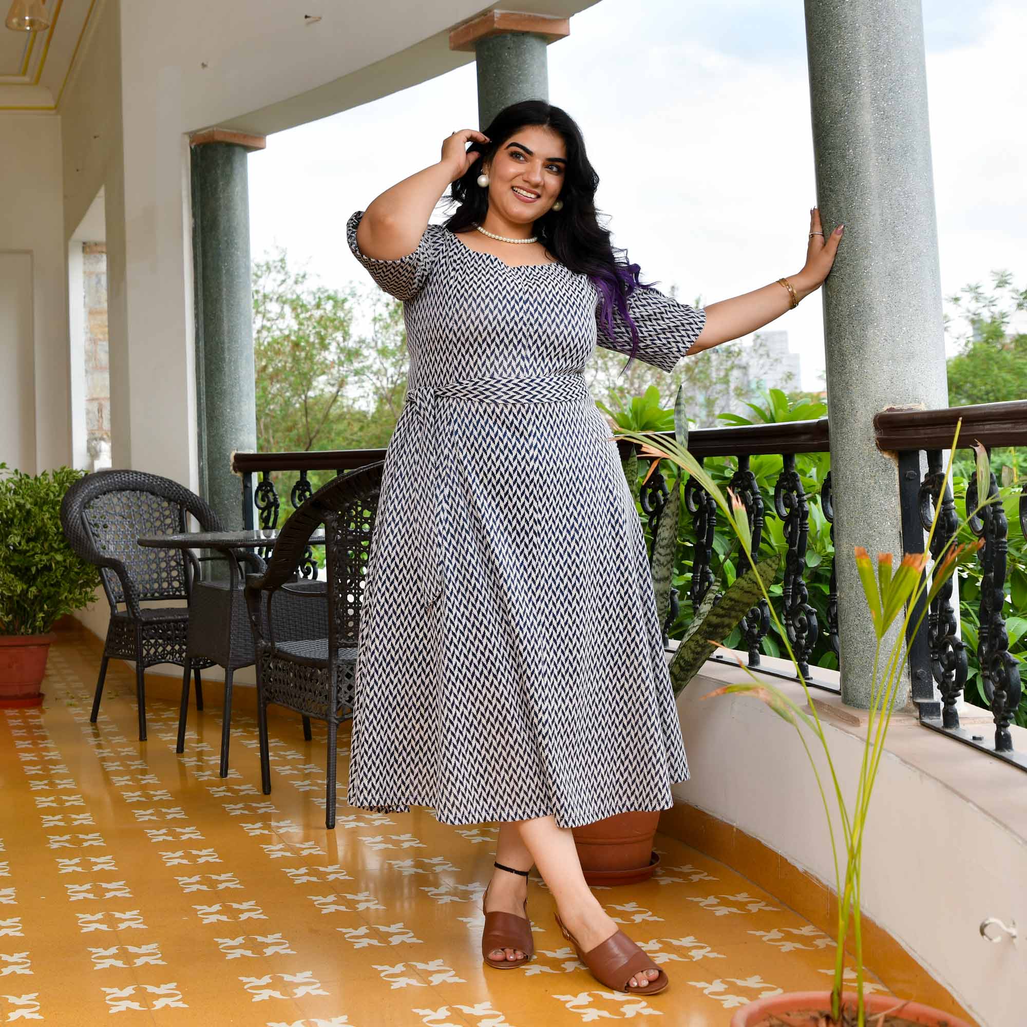 Waffle- Grey/Blue Knitted Cotton Aline Dress