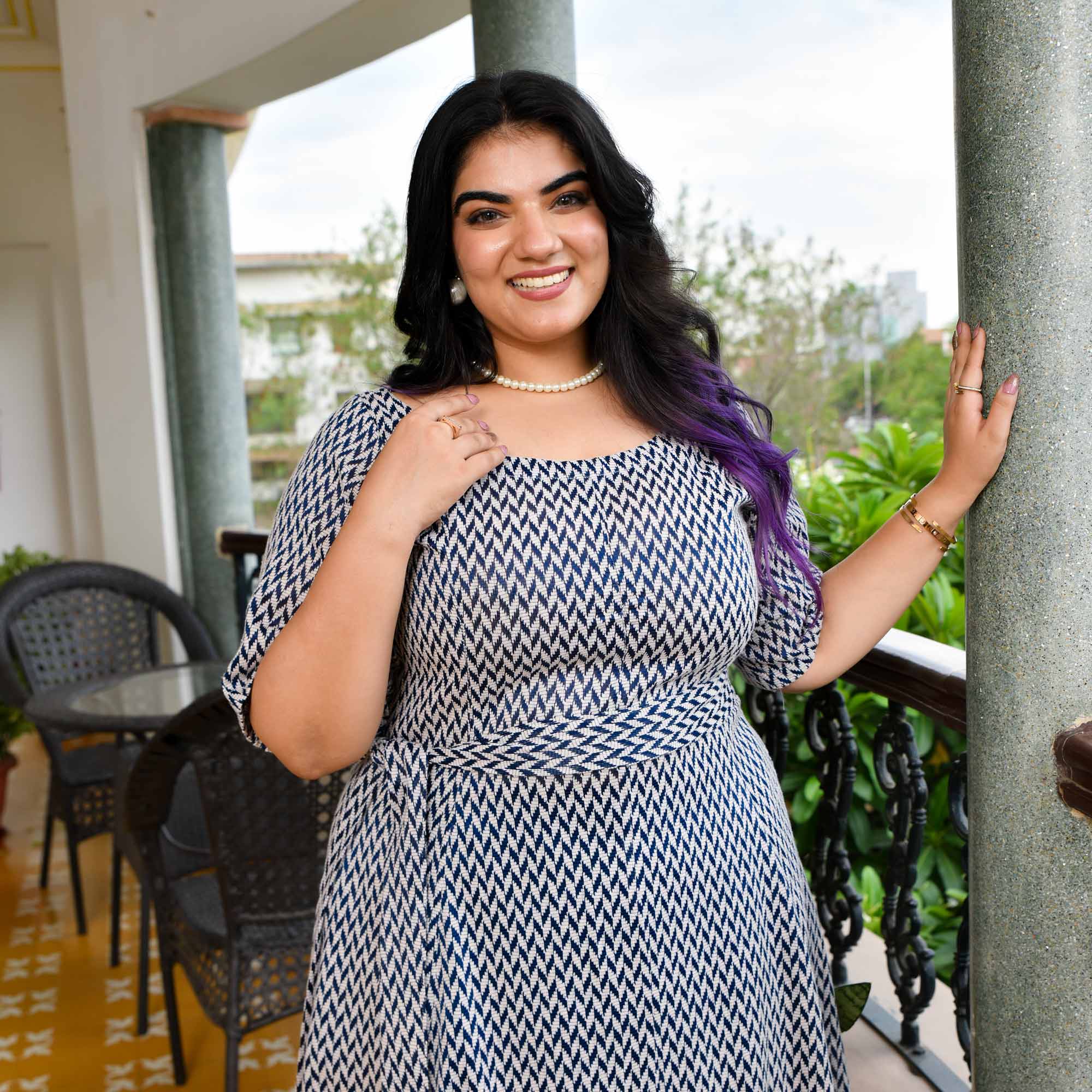 Waffle- Grey/Blue Knitted Cotton Aline Dress