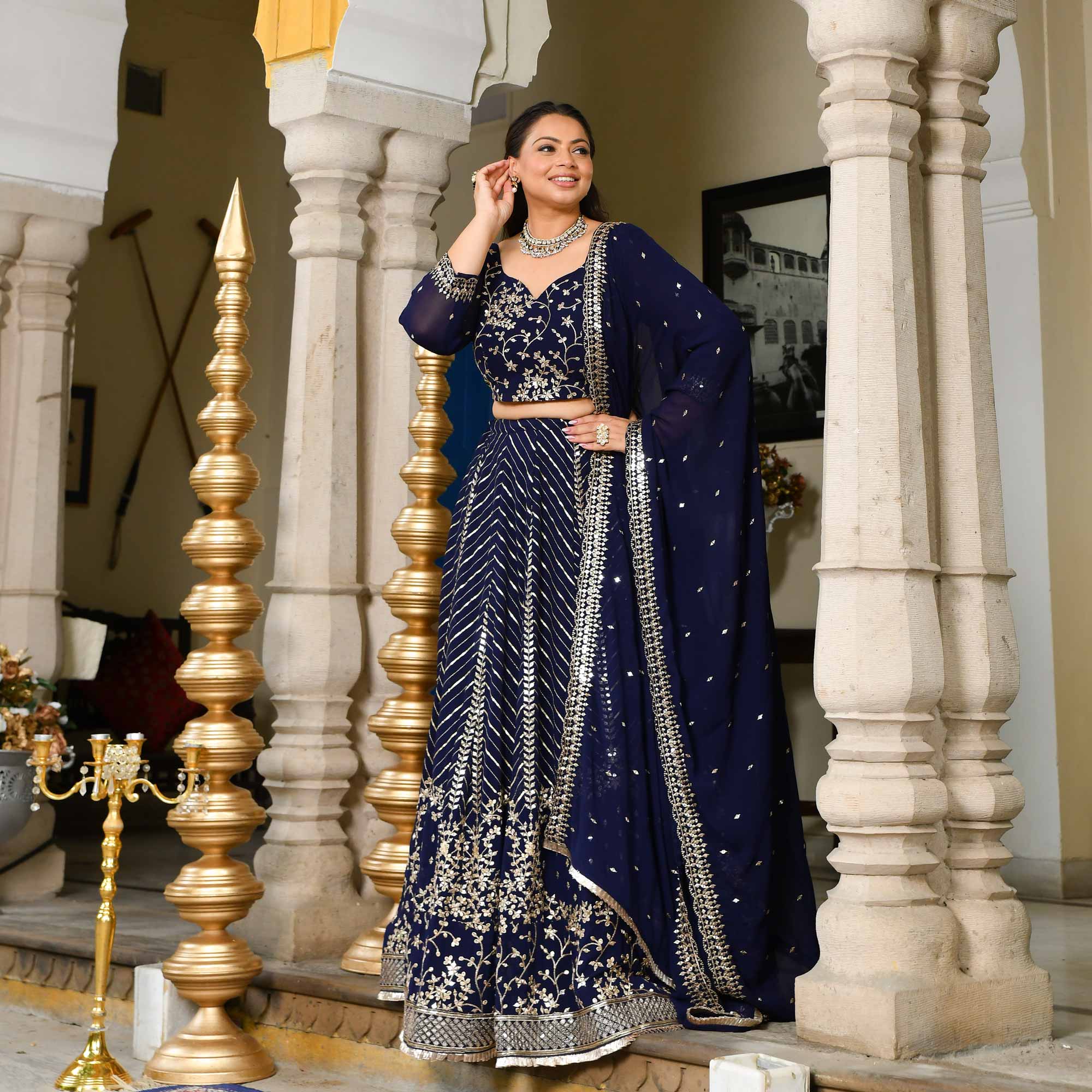 Glistering Navy Sequin Embroidered Georgette Lehenga Set