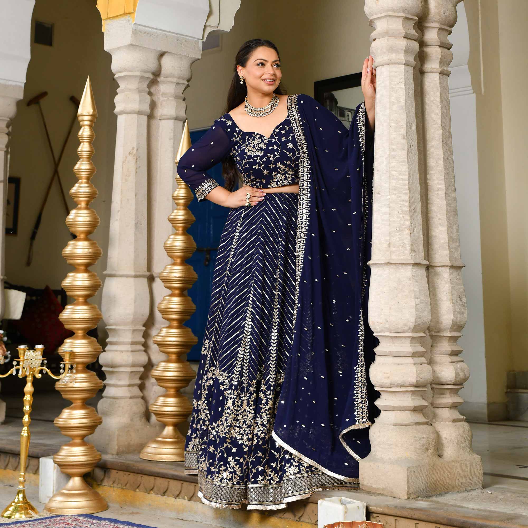 Glistering Navy Sequin Embroidered Georgette Lehenga Set