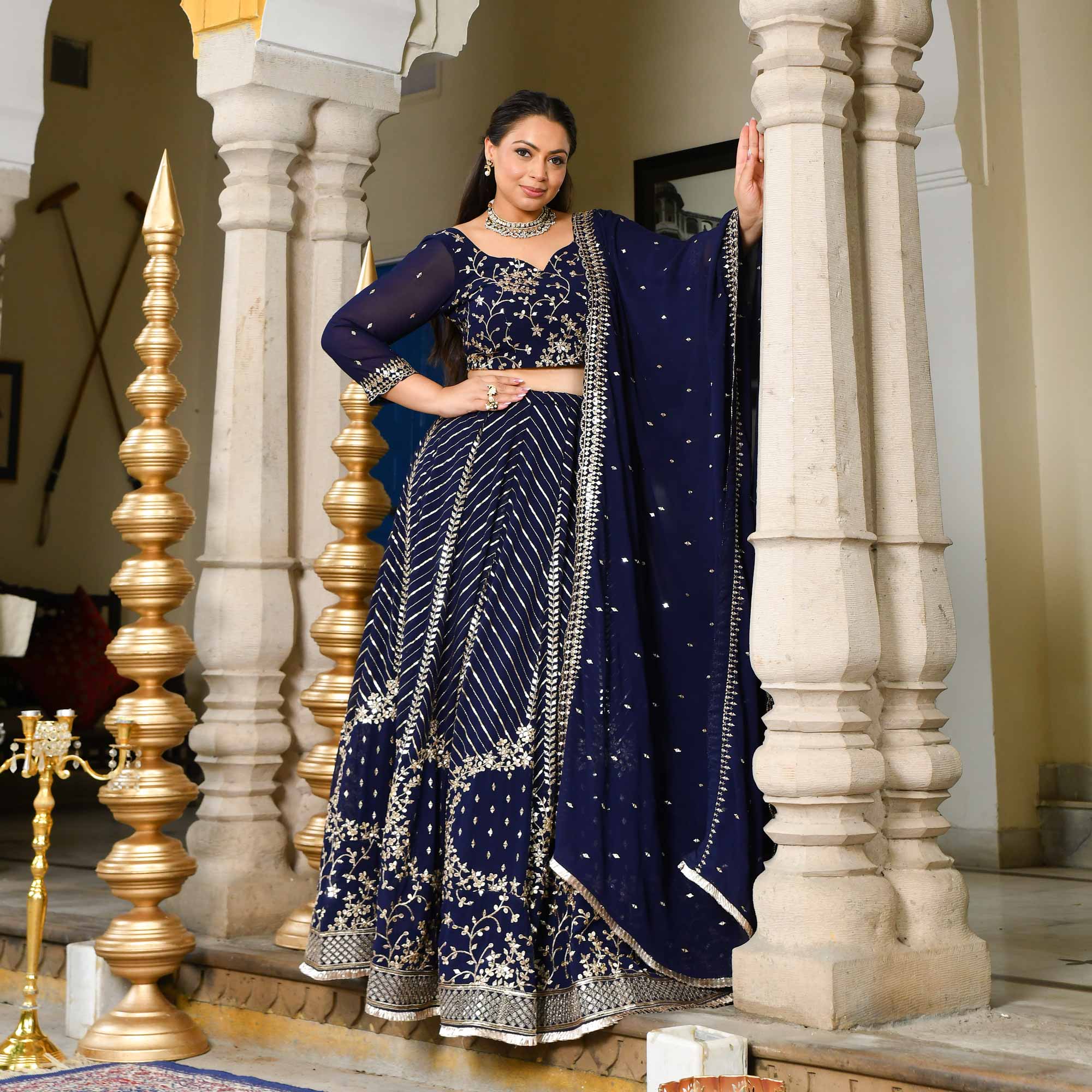 Glistering Navy Sequin Embroidered Georgette Lehenga Set
