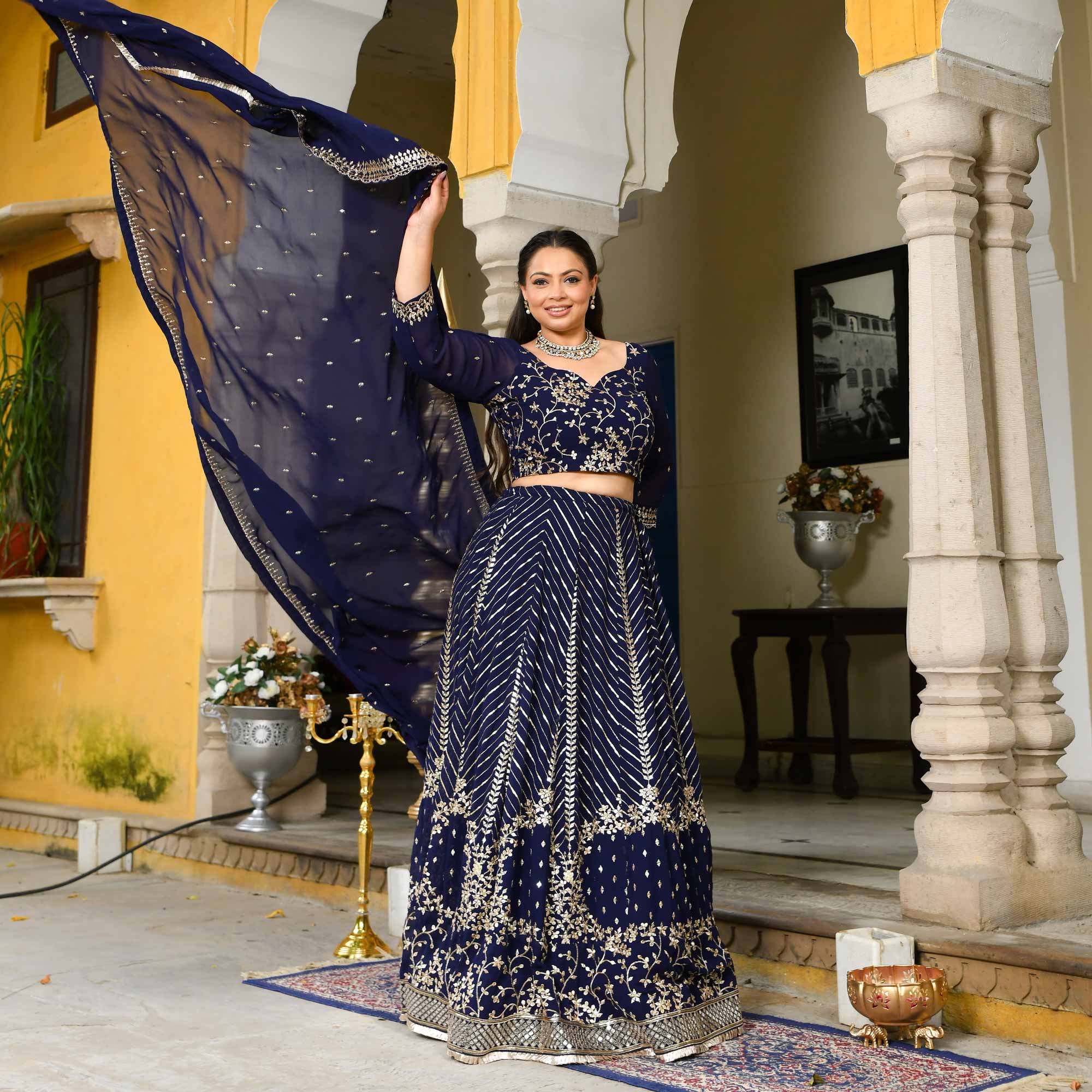 Glistering Navy Sequin Embroidered Georgette Lehenga Set