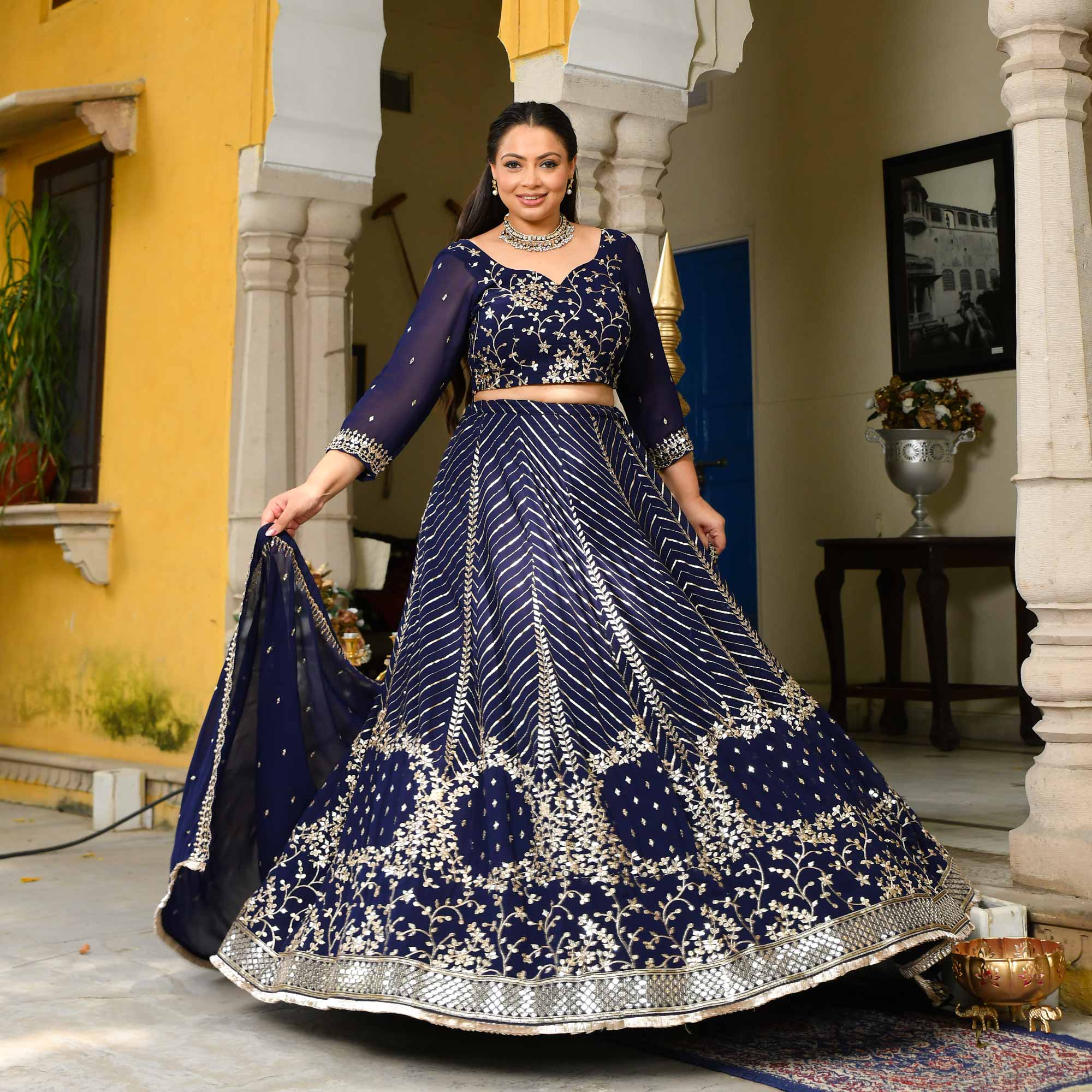 Glistering Navy Sequin Embroidered Georgette Lehenga Set