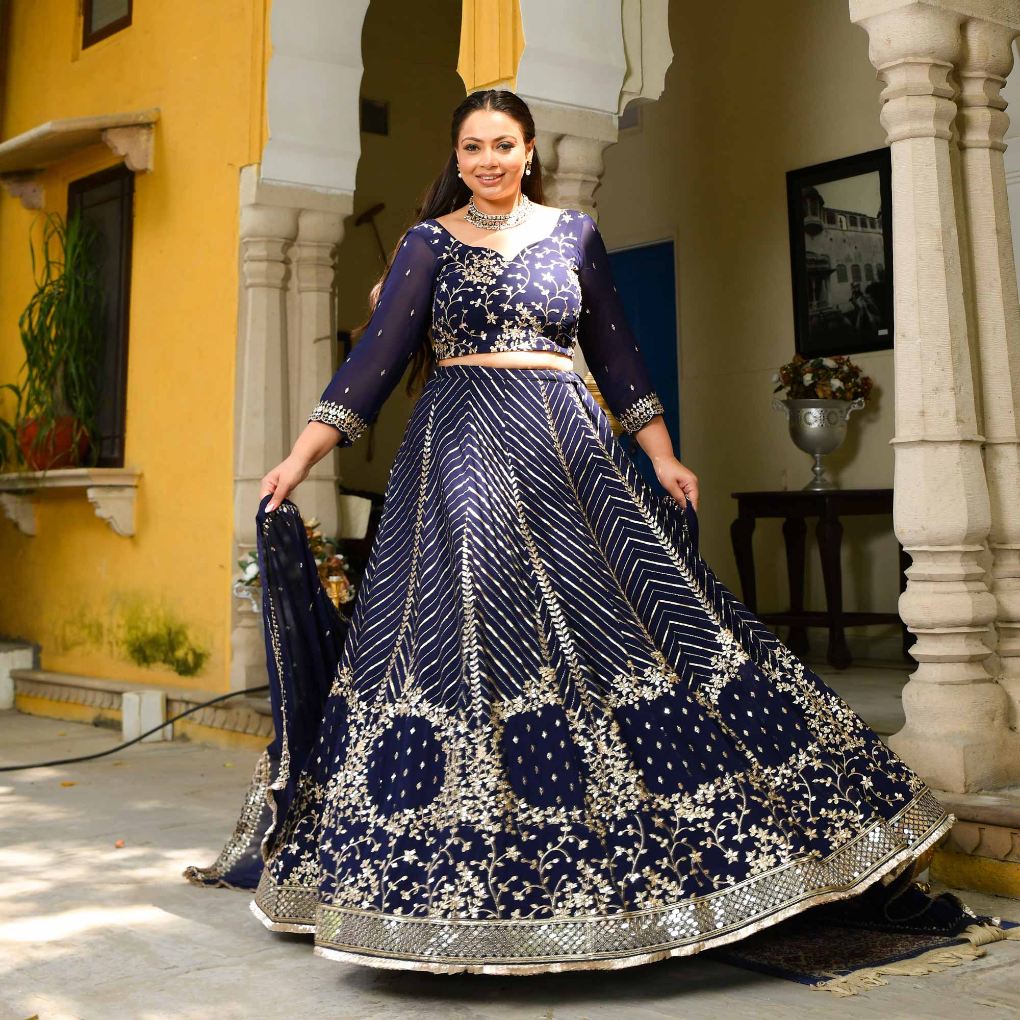 Glistering Navy Sequin Embroidered Georgette Lehenga Set