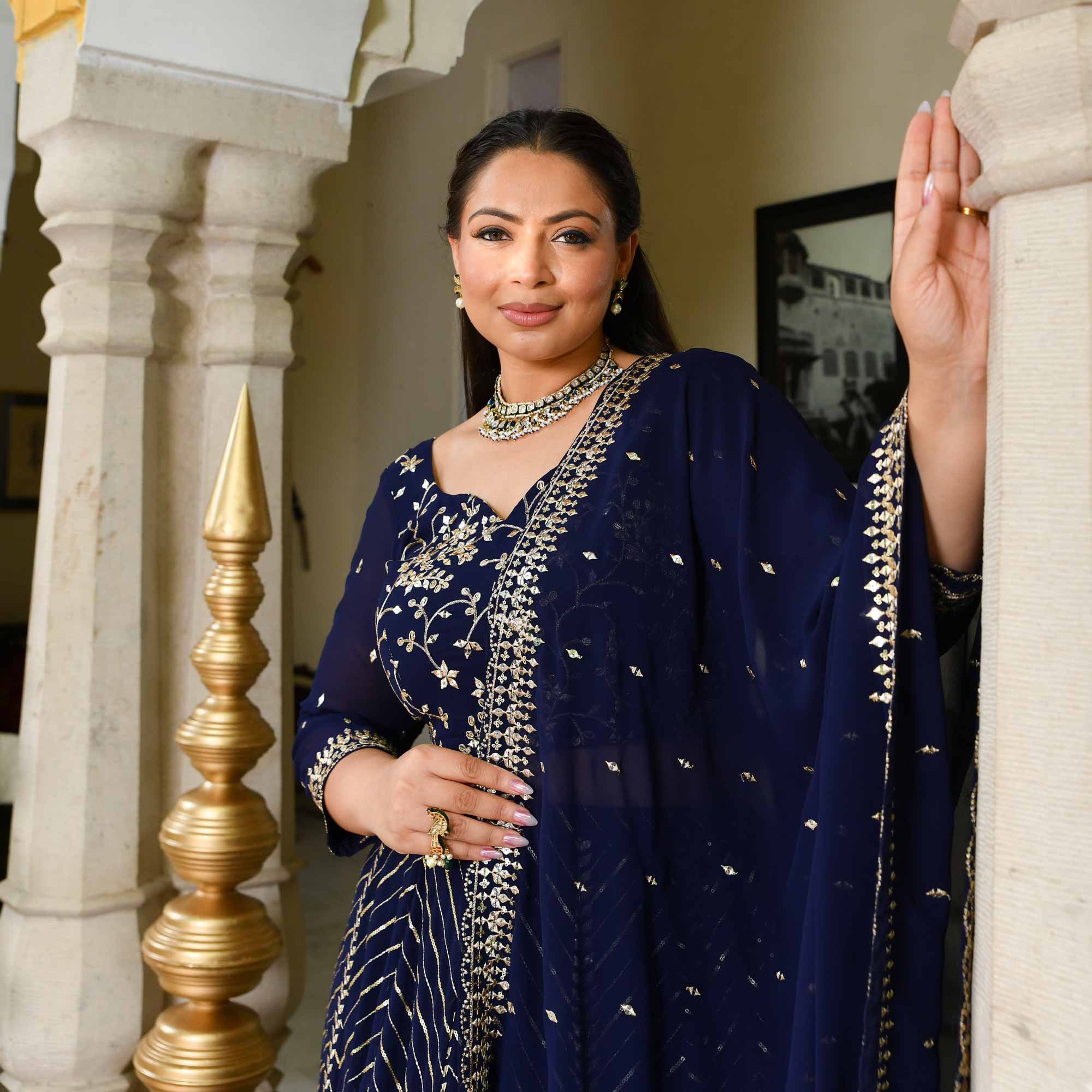 Glistering Navy Sequin Embroidered Georgette Lehenga Set