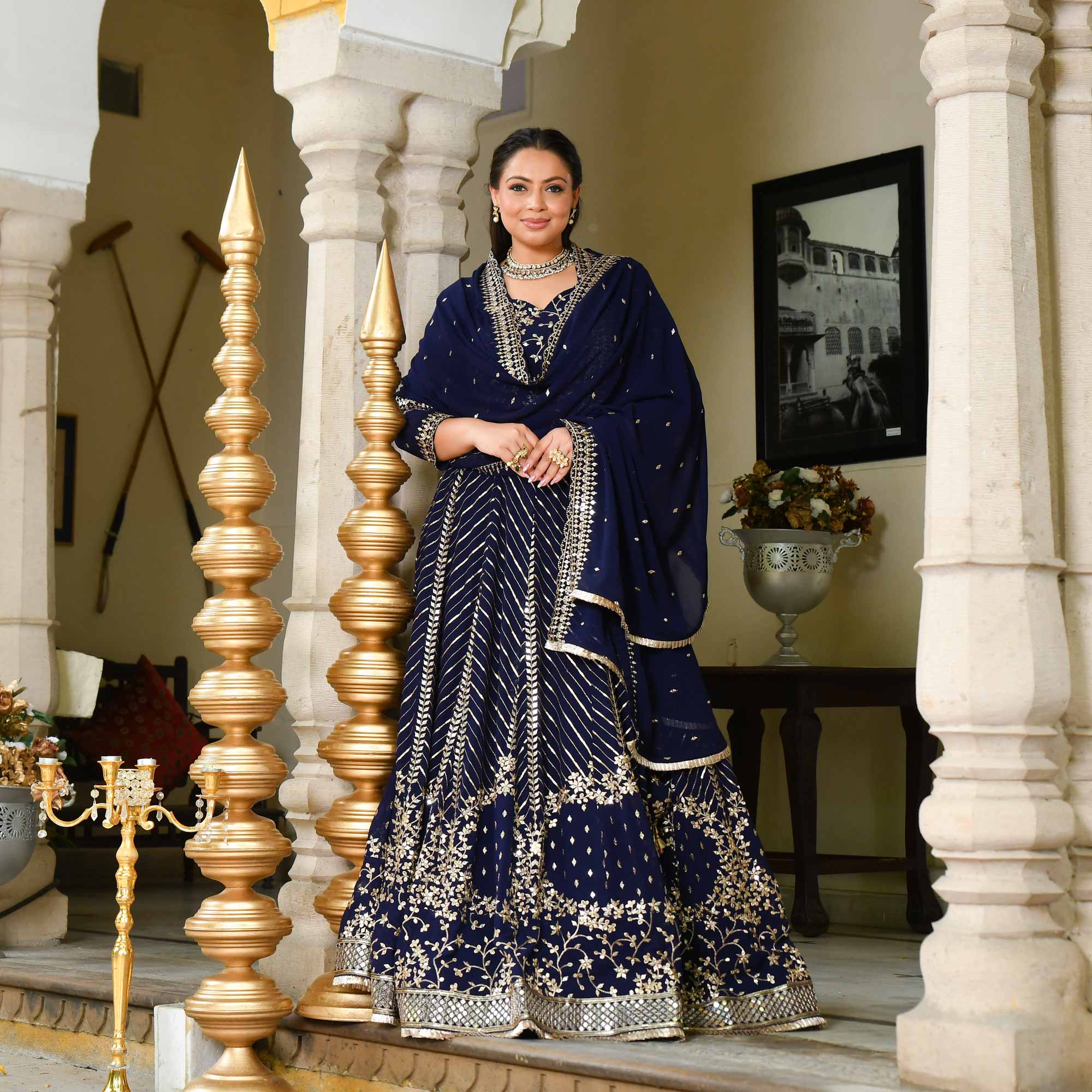 Glistering Navy Sequin Embroidered Georgette Lehenga Set