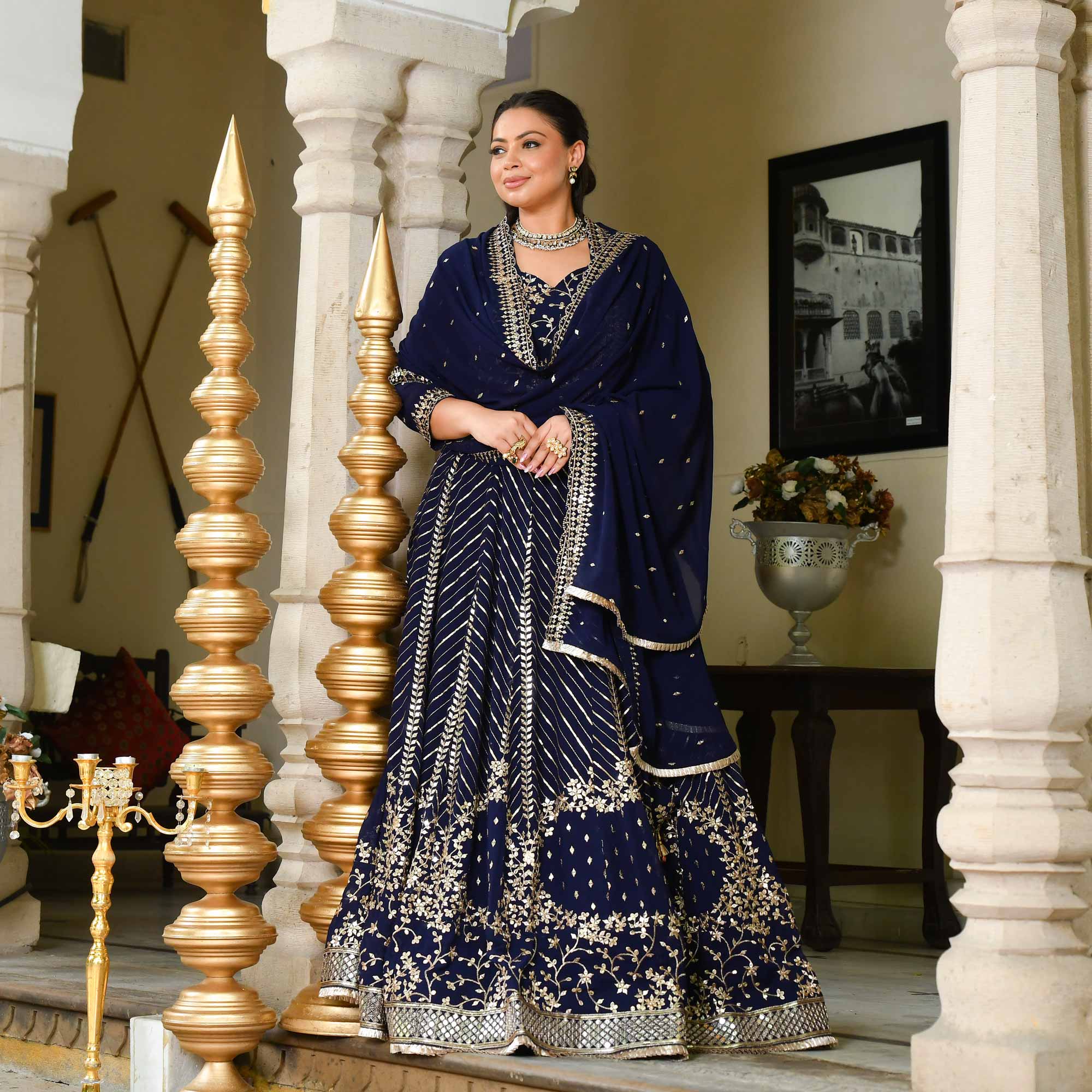 Glistering Navy Sequin Embroidered Georgette Lehenga Set