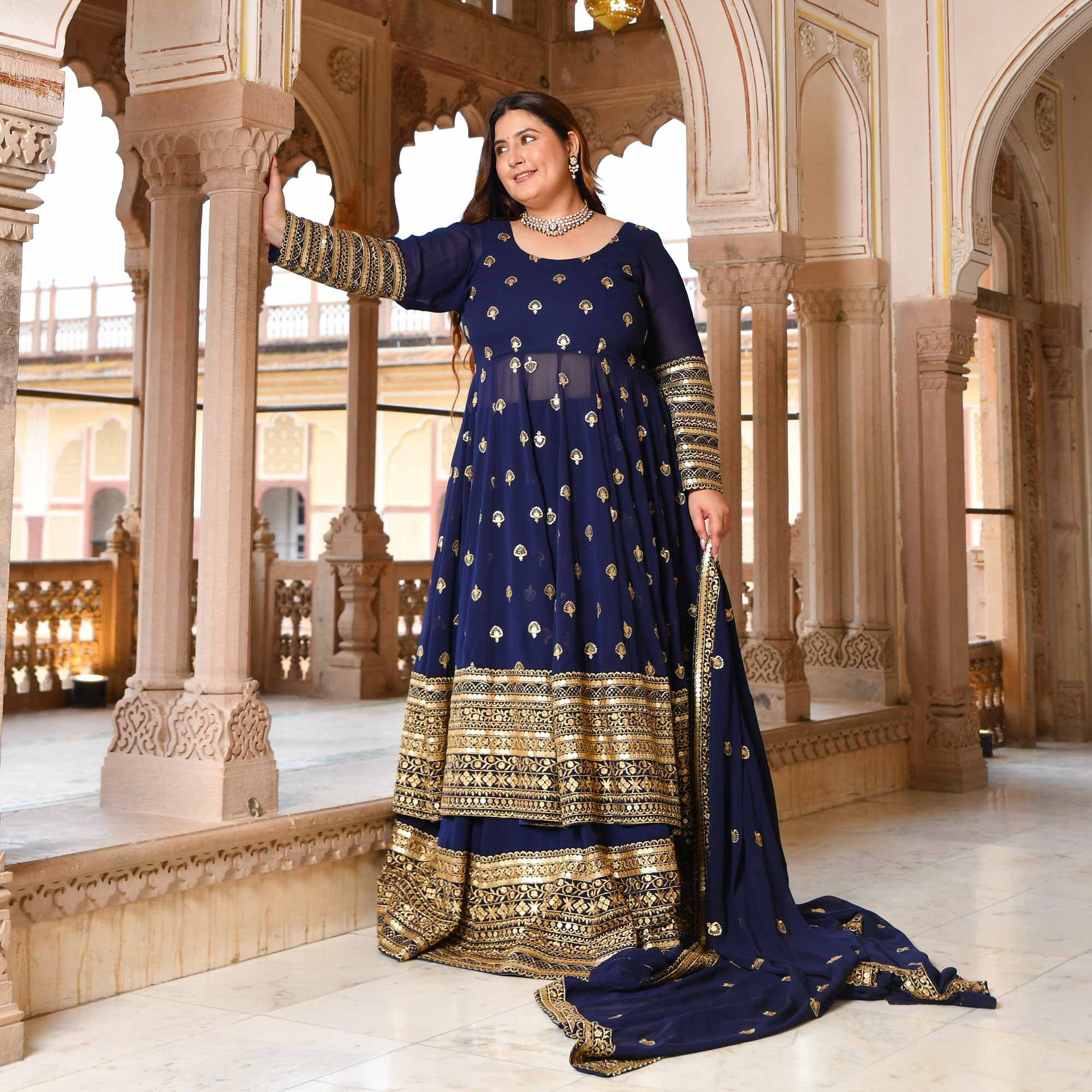 Enchanted Navy Sequin Embroidered Georgette Anarkali Lehenga Set