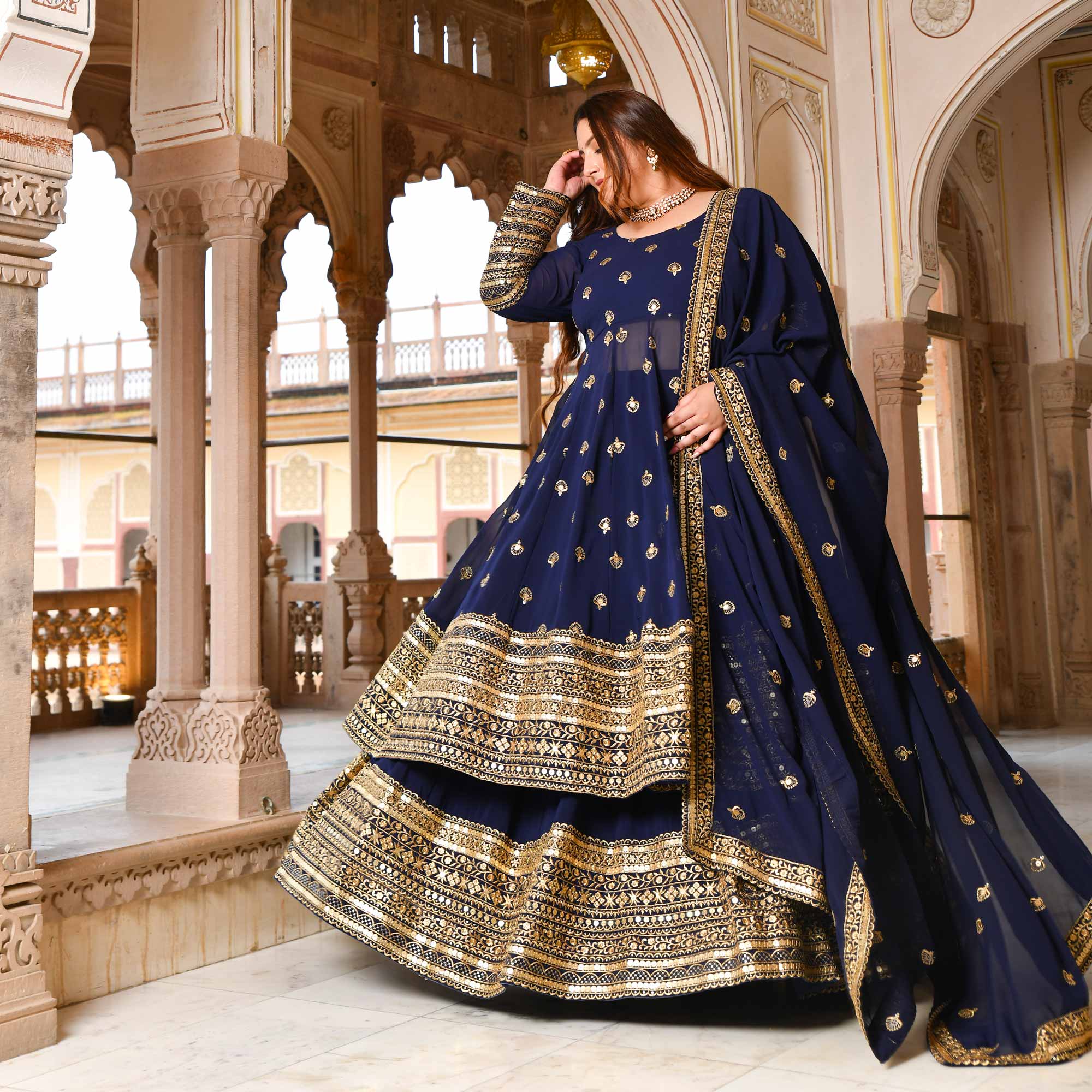 Enchanted Navy Sequin Embroidered Georgette Anarkali Lehenga Set