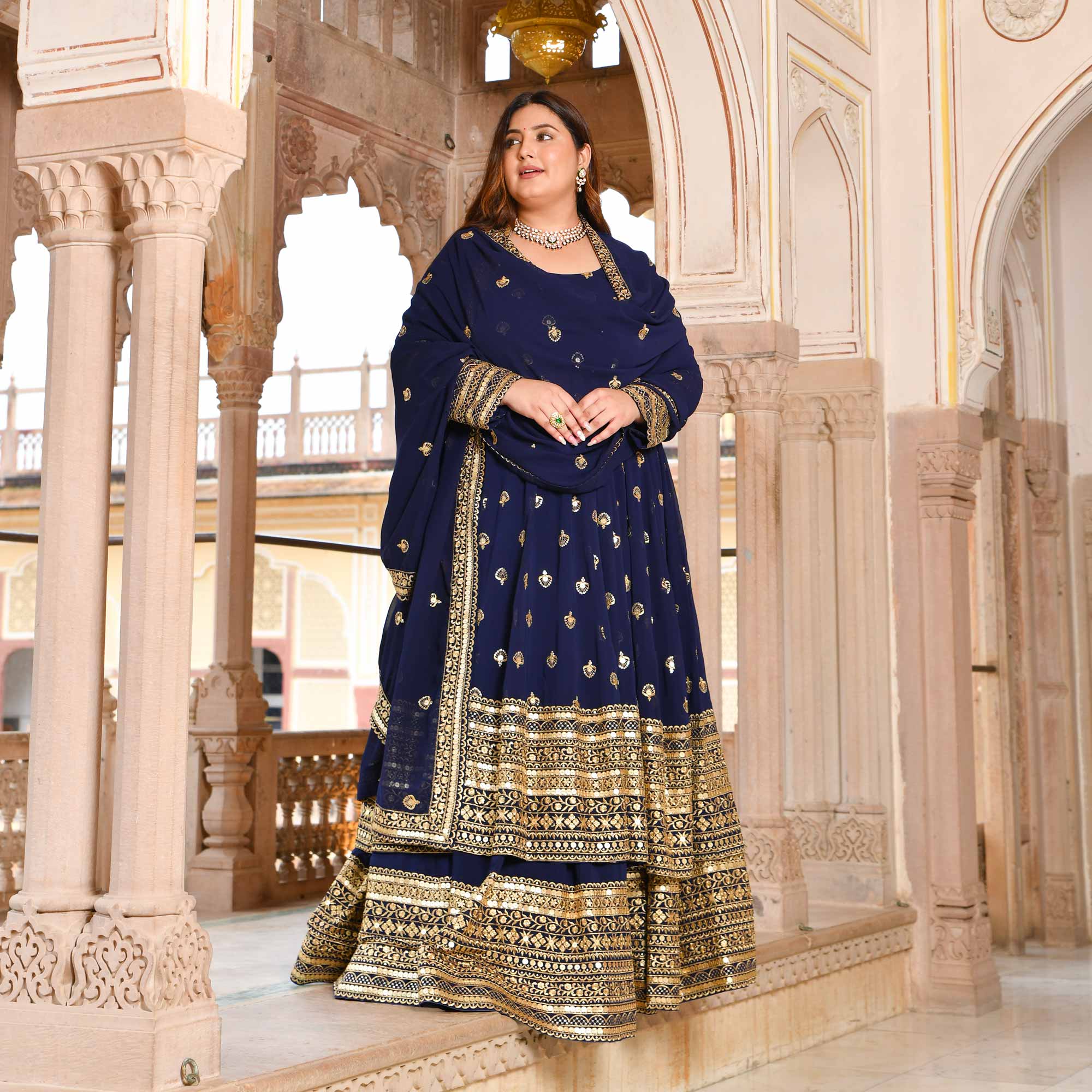 Enchanted Navy Sequin Embroidered Georgette Anarkali Lehenga Set