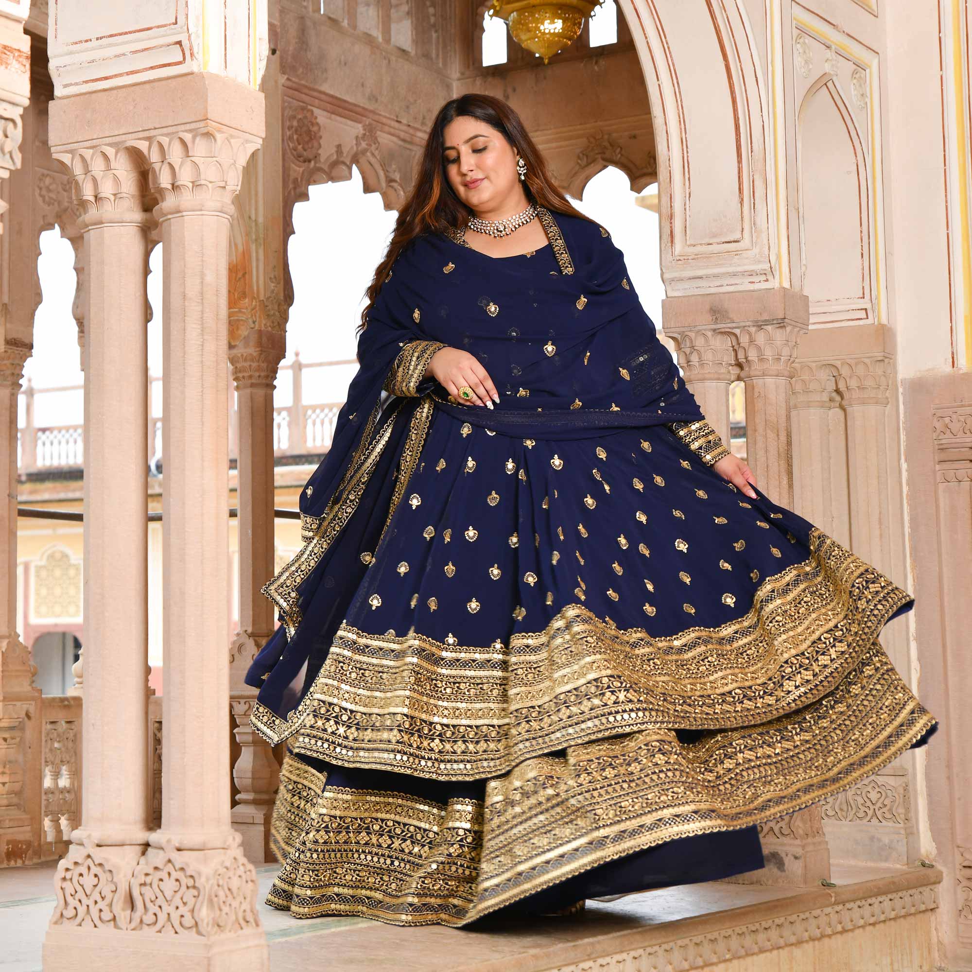 Enchanted Navy Sequin Embroidered Georgette Anarkali Lehenga Set