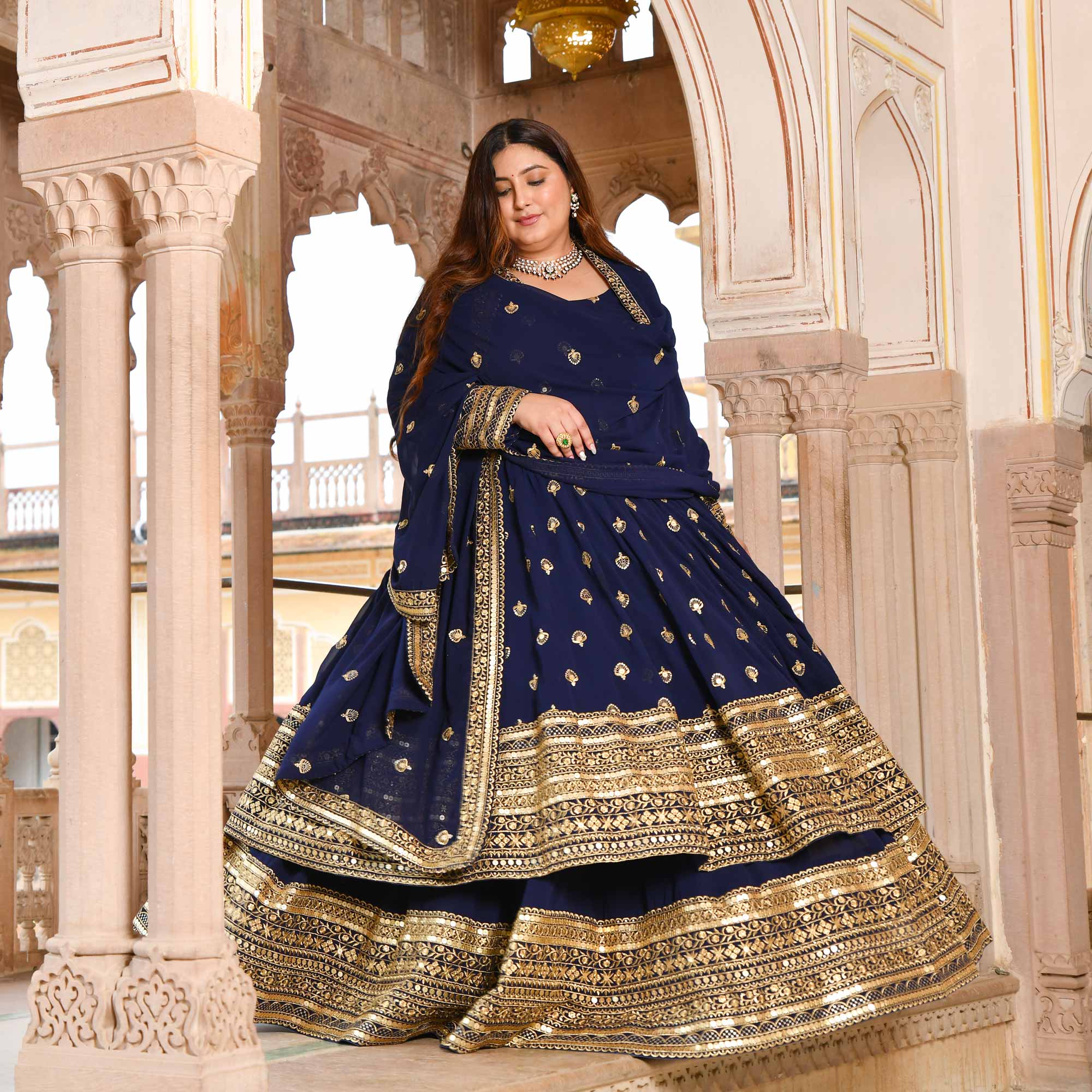 Enchanted Navy Sequin Embroidered Georgette Anarkali Lehenga Set