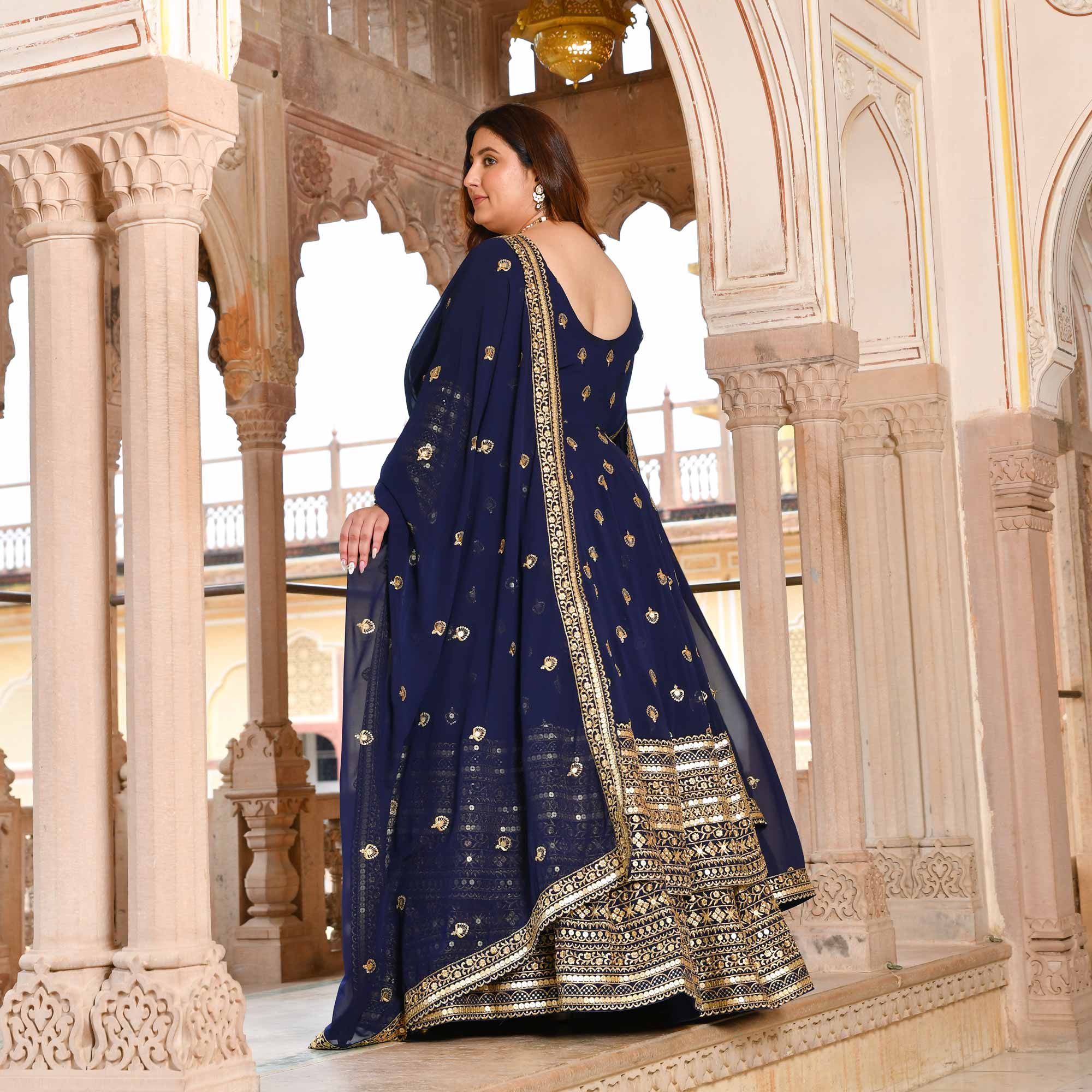 Enchanted Navy Sequin Embroidered Georgette Anarkali Lehenga Set