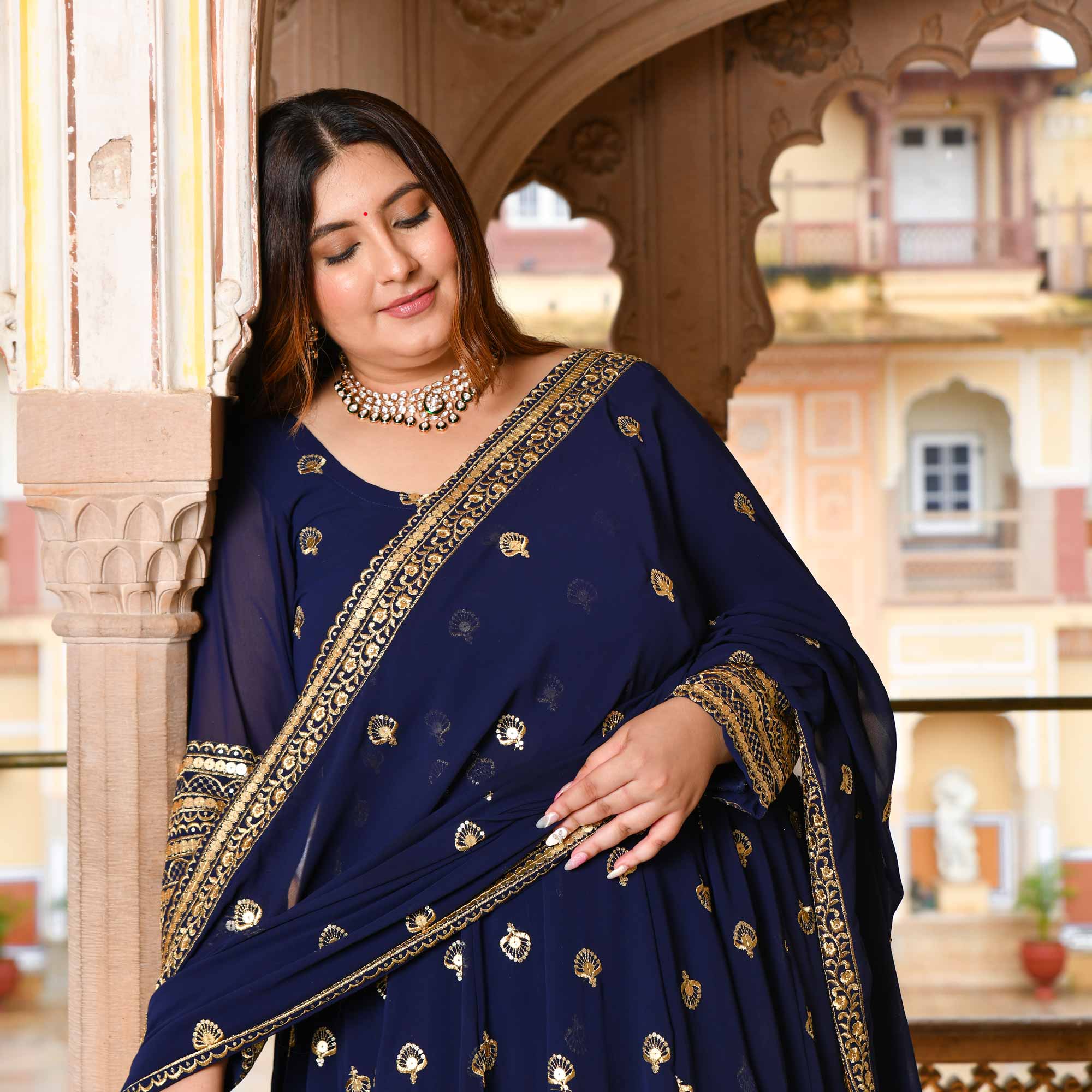 Enchanted Navy Sequin Embroidered Georgette Anarkali Lehenga Set