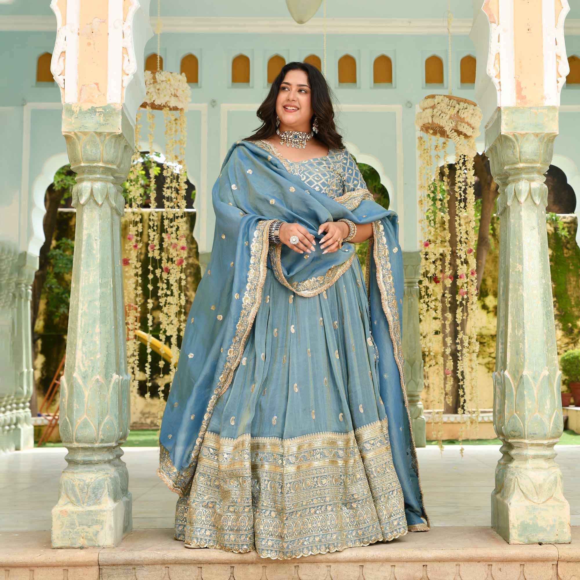 Sitara- Powder Blue Sequin Embroidered Pure Tissue Silk Lehenga Set