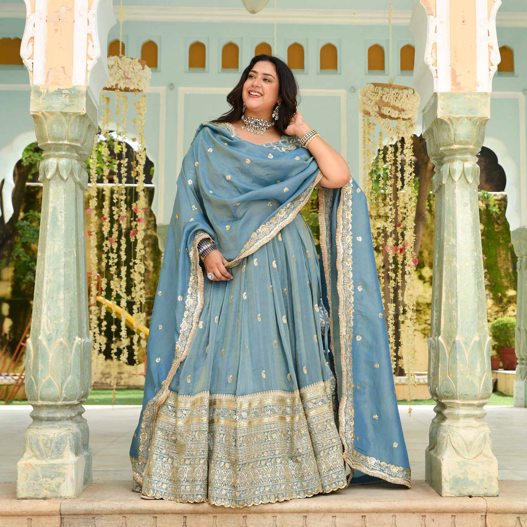 Sitara- Powder Blue Sequin Embroidered Pure Tissue Silk Lehenga Set