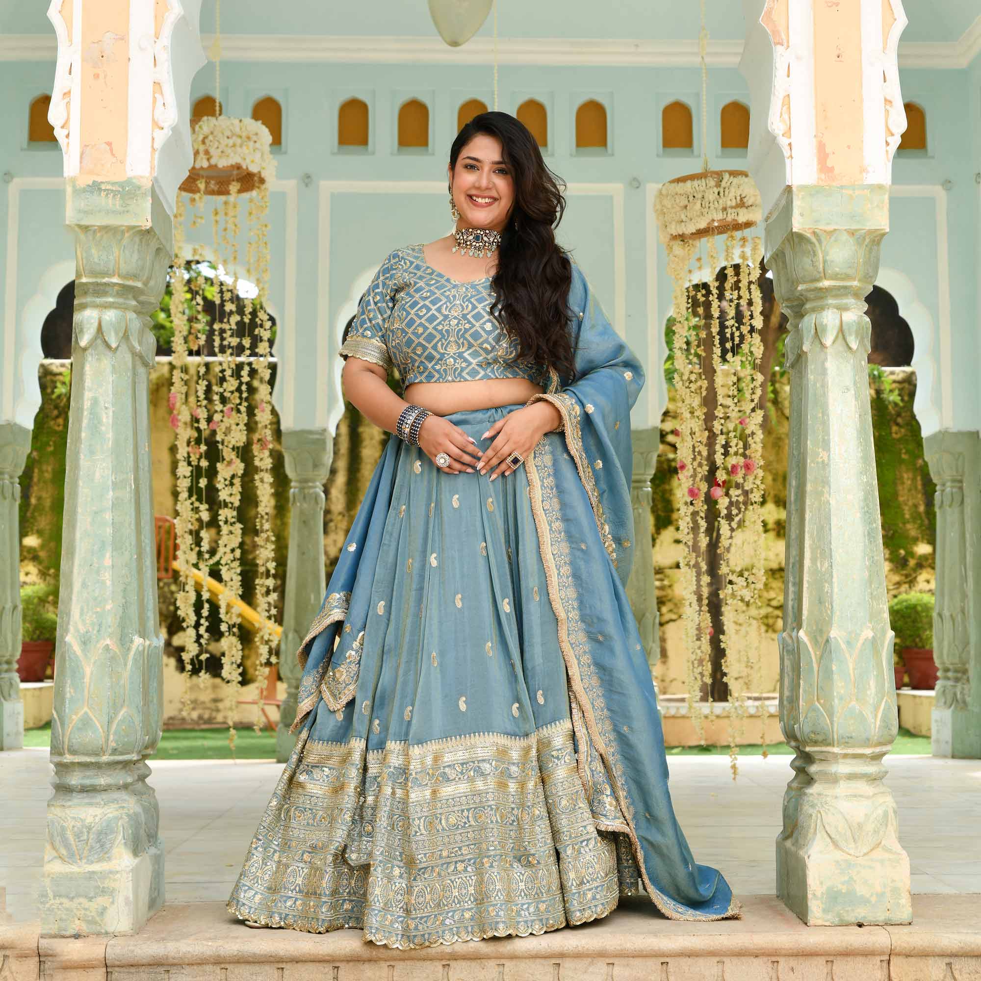 Sitara- Powder Blue Sequin Embroidered Pure Tissue Silk Lehenga Set