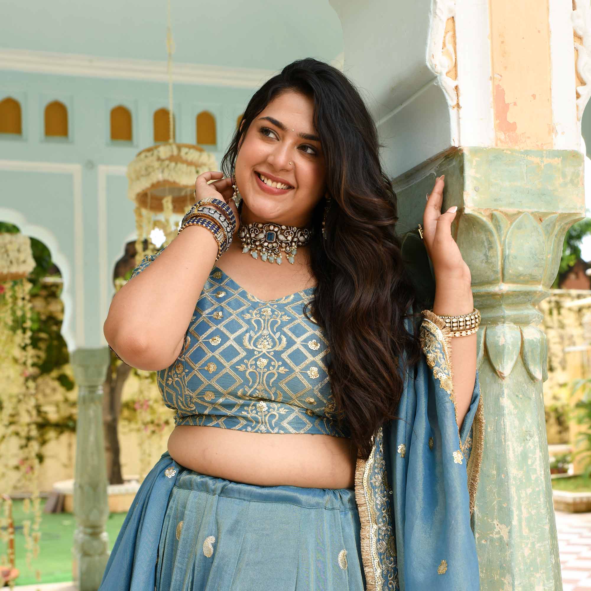 Sitara- Powder Blue Sequin Embroidered Pure Tissue Silk Lehenga Set